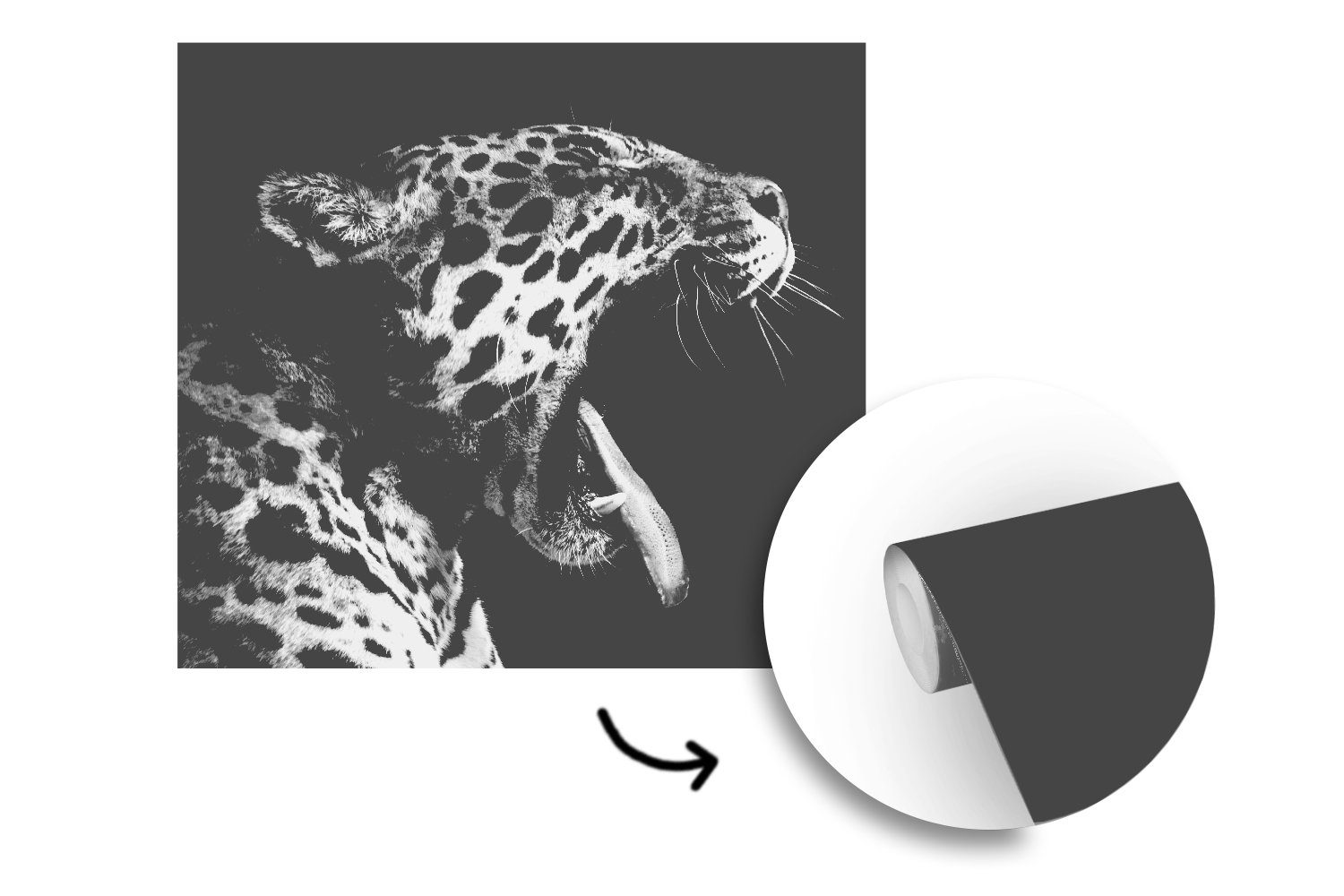 - Weiß, für Jaguar Matt, Fototapete St), Fototapete Küche, - - Tier Schwarz Vliestapete Schlafzimmer bedruckt, (4 Wohnzimmer MuchoWow