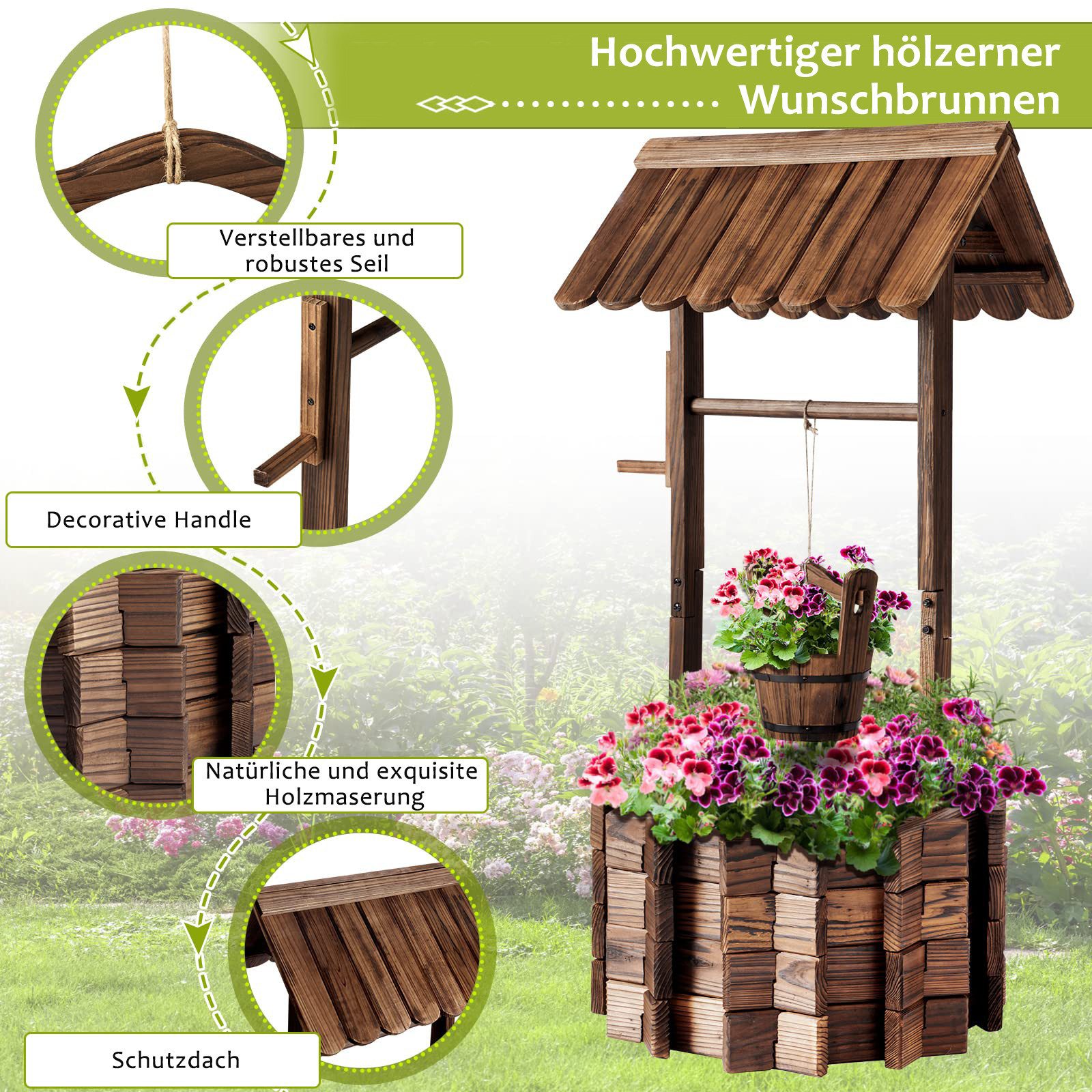 AOXUN Pflanzkübel Wunschbrunnen Pflanzkübel Holz, Pflanzständer (1 St), Wetterfest & Stabil, Ideal für Blumen & Kräuter im Garten, Ø55 cm