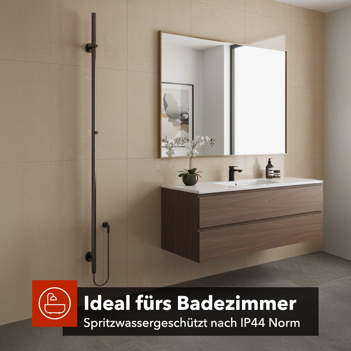 Belvit Elektrischer Badheizkörper Handtuchwärmer 150x6,3 cm mit 2 Handtuchhaken mit Timer & 2 Heizstufen, 60W, Wandmontage mit Montagematerial, Handtücher trocknen & wärmen