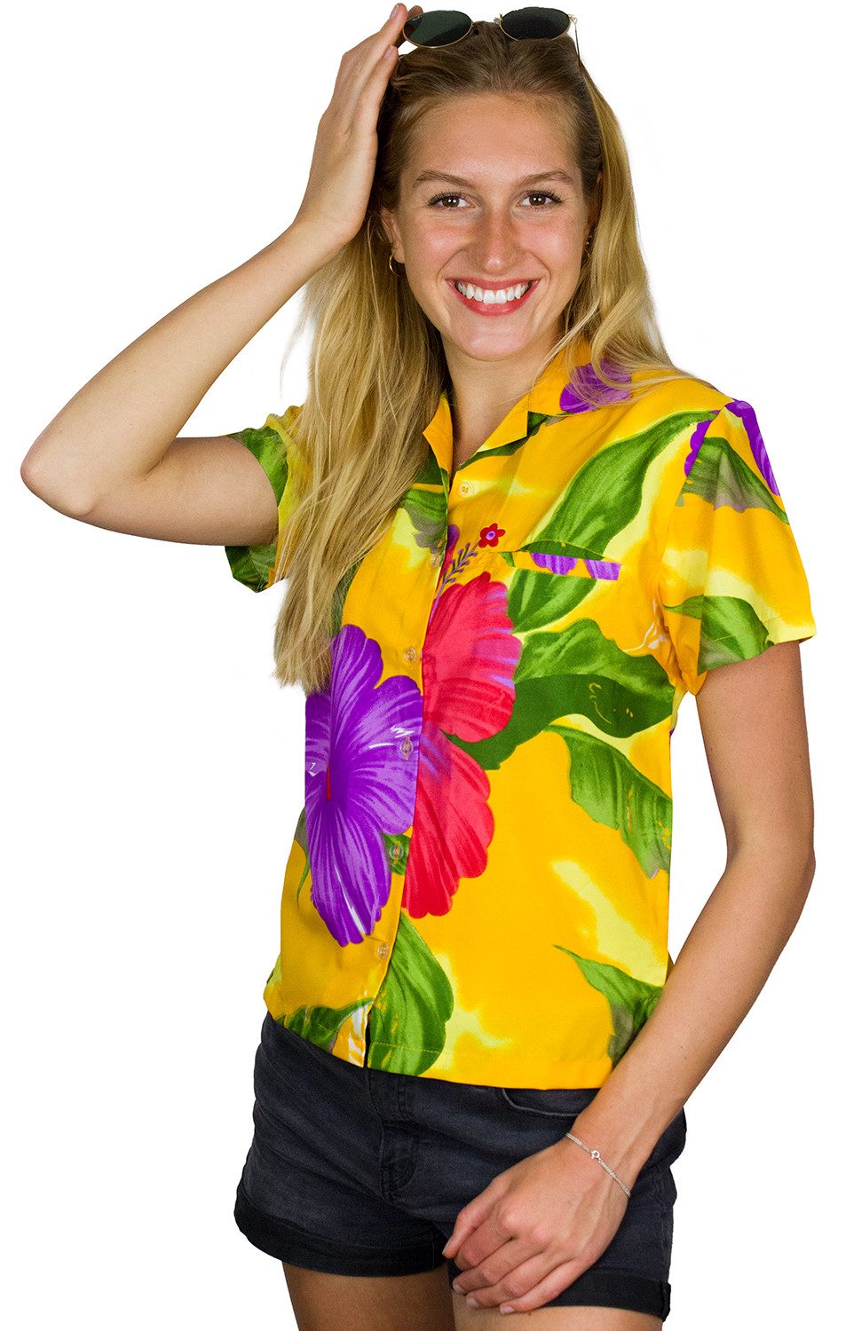 King Kameha Hawaiihemd Big Flower Funky Hawaiibluse Damen Kurzarm Front-Tasche Stylish