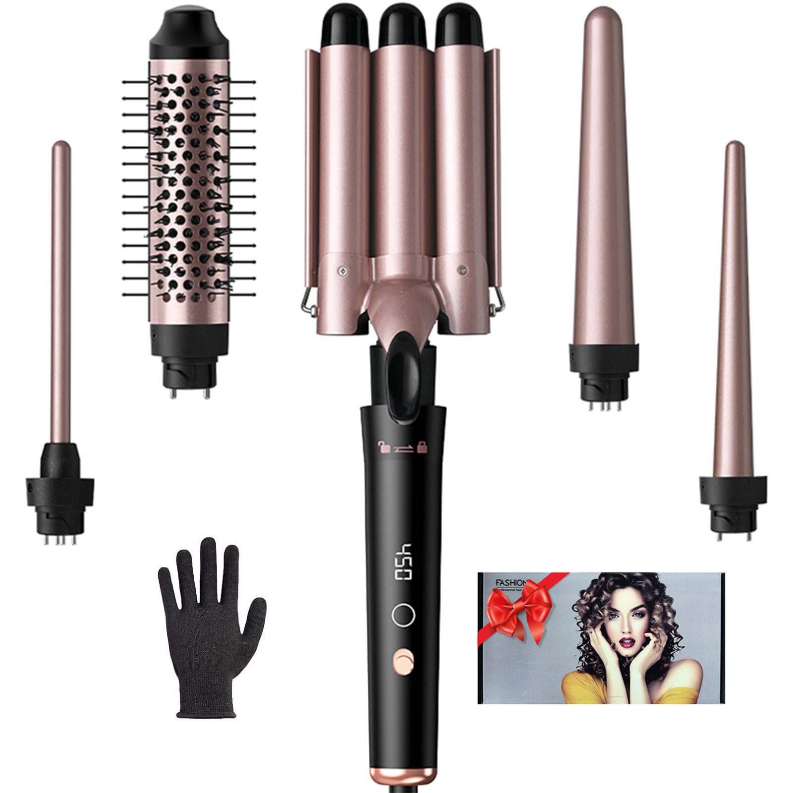 STANBOW Lockenstab Lockenstab 3 Fässer mit PTC-Schnellheizung, Temperaturregelung, 5-in-1 Lockenstab-Set mit Bürste & Handschuhen, schnelle Aufheizung