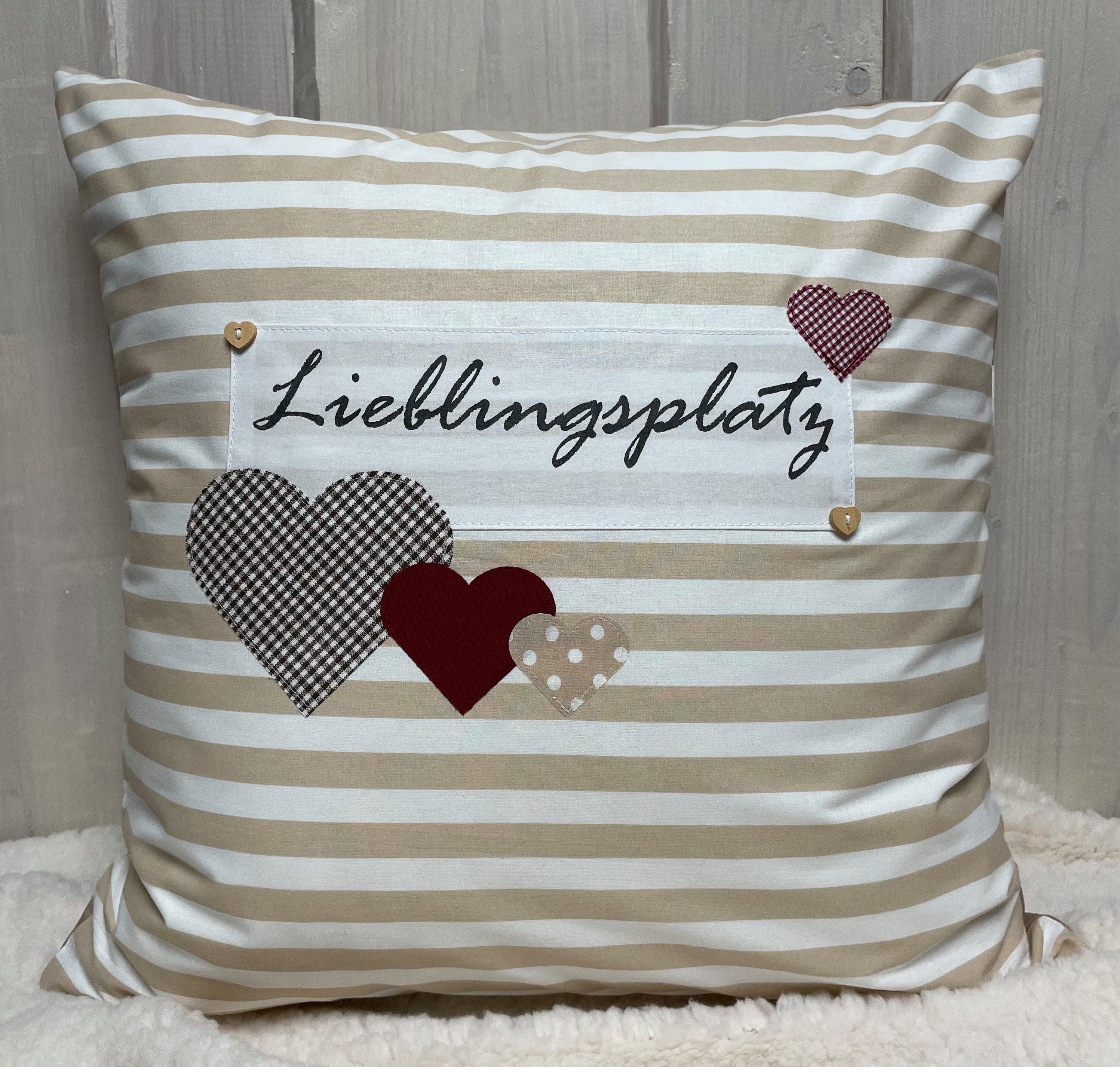 Ammerkind Dekokissen Landhausstil Kissenbezug *Lieblingsplatz* beige/weiß gestreift, 100% Handarbeit
