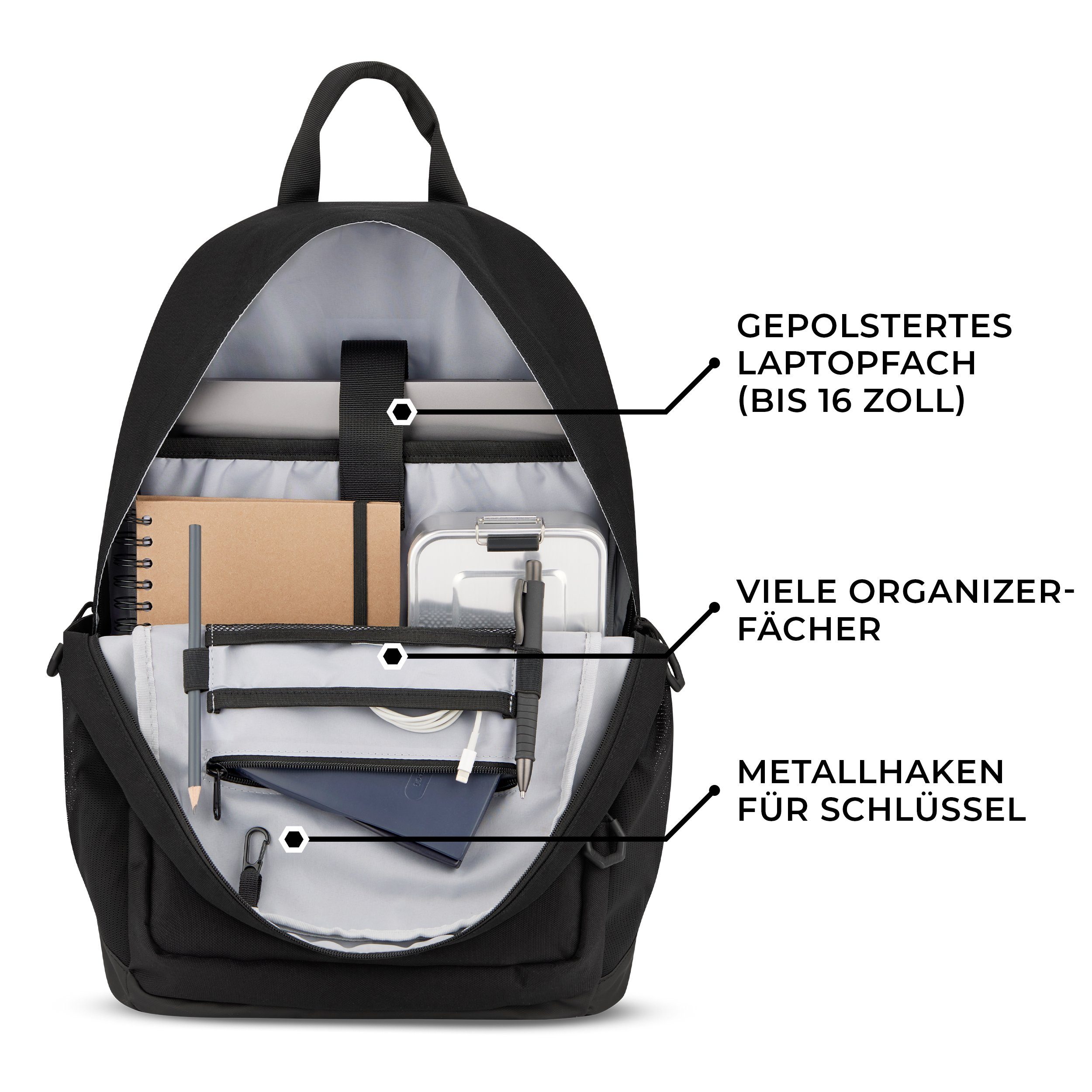 audetic Schulrucksack FLEX Rucksack Schule Mädchen Laptopfach, Jungen Schwarz Fächer, (Keine Schulrucksack Viele Wasserabweisend Set)