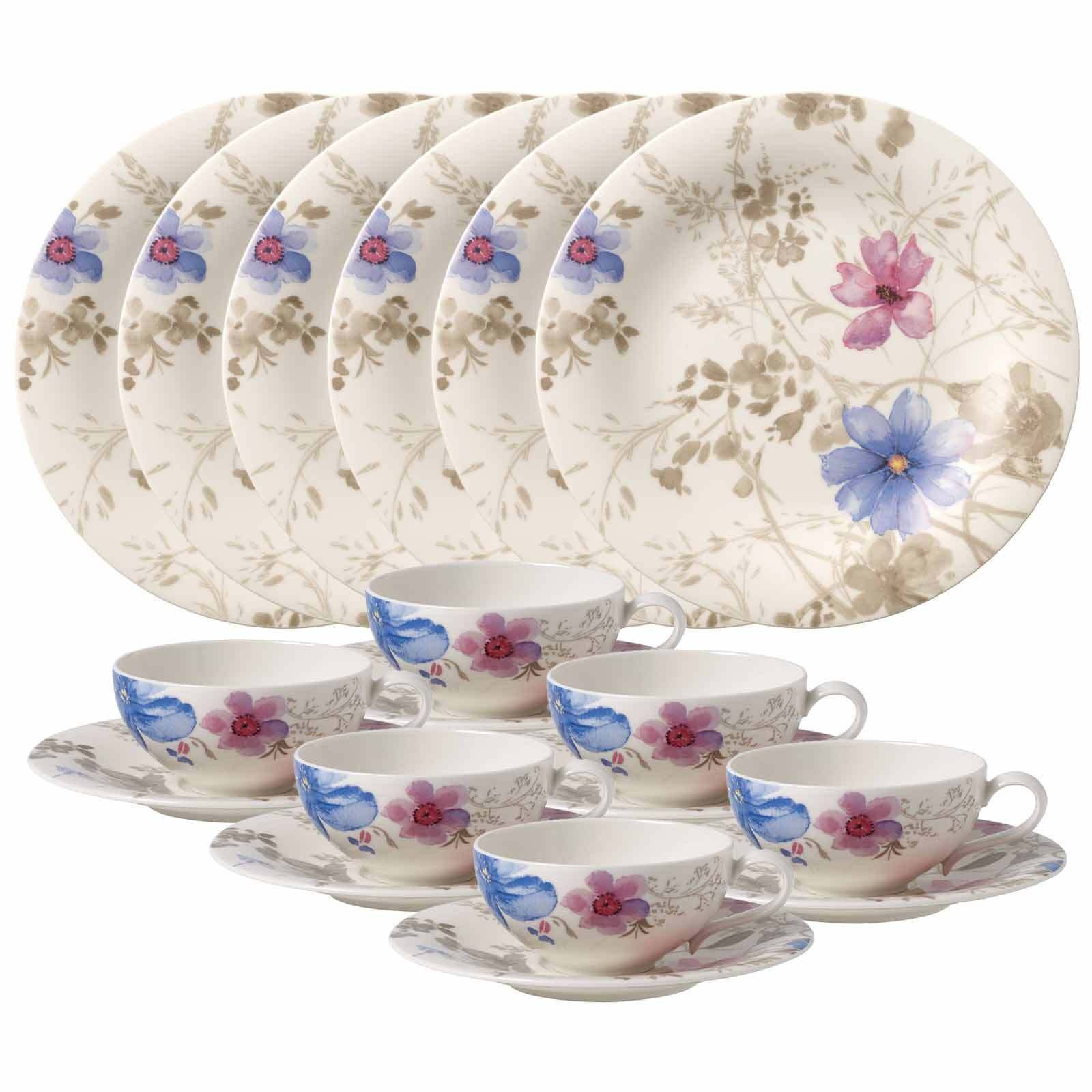 Villeroy & Boch Kombiservice Mariefleur Gris Basic Teeservice 18er Set (18-tlg), Porzellan