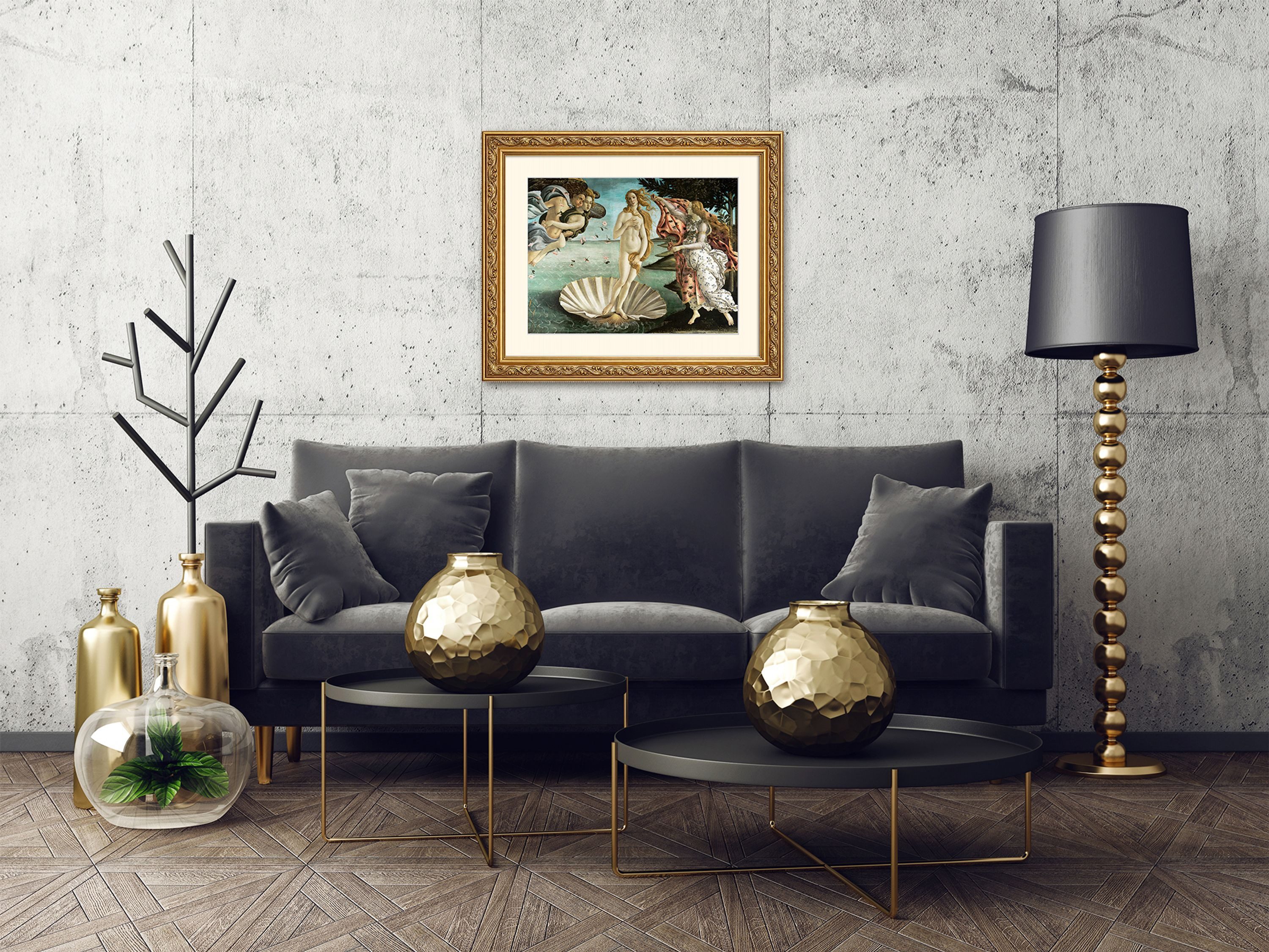 artissimo Bild mit Rahmen Wandbild gerahmt 63x53 cm Kunstdruck mit Passepartout & Barock-Rahmen, Boticelli: Die Geburt der Venus