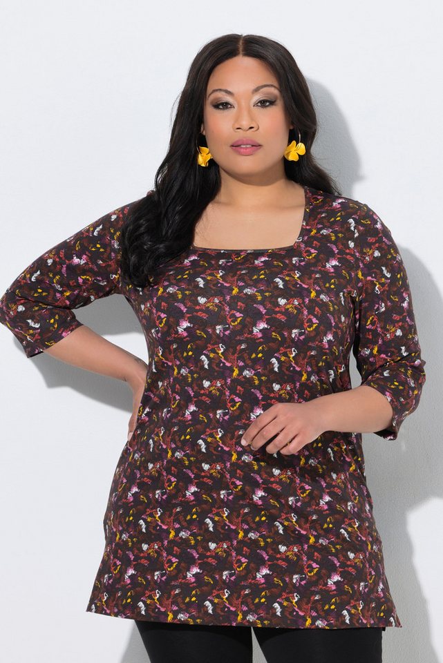 Ulla Popken Longshirt Longshirt bedruckt A-Linie Carré-Ausschnitt