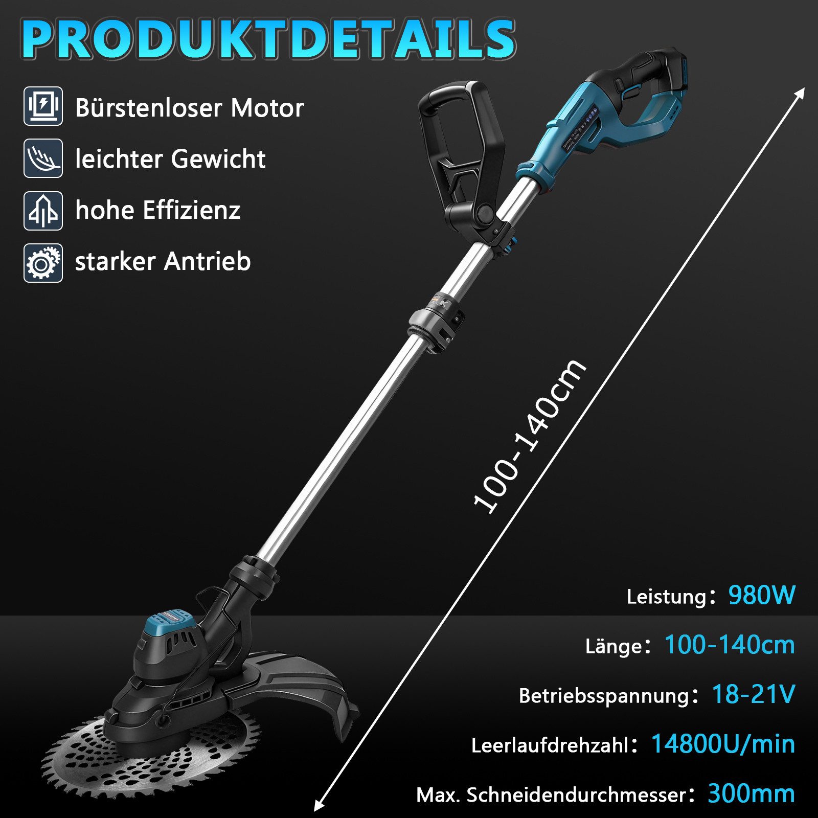 XERSEK Akku-Rasentrimmer Elektro-Grastrimmer mit Bürstenloser Motor, 14800U/min 980W Motorsense, 30 cm Arbeitsbreite Messer