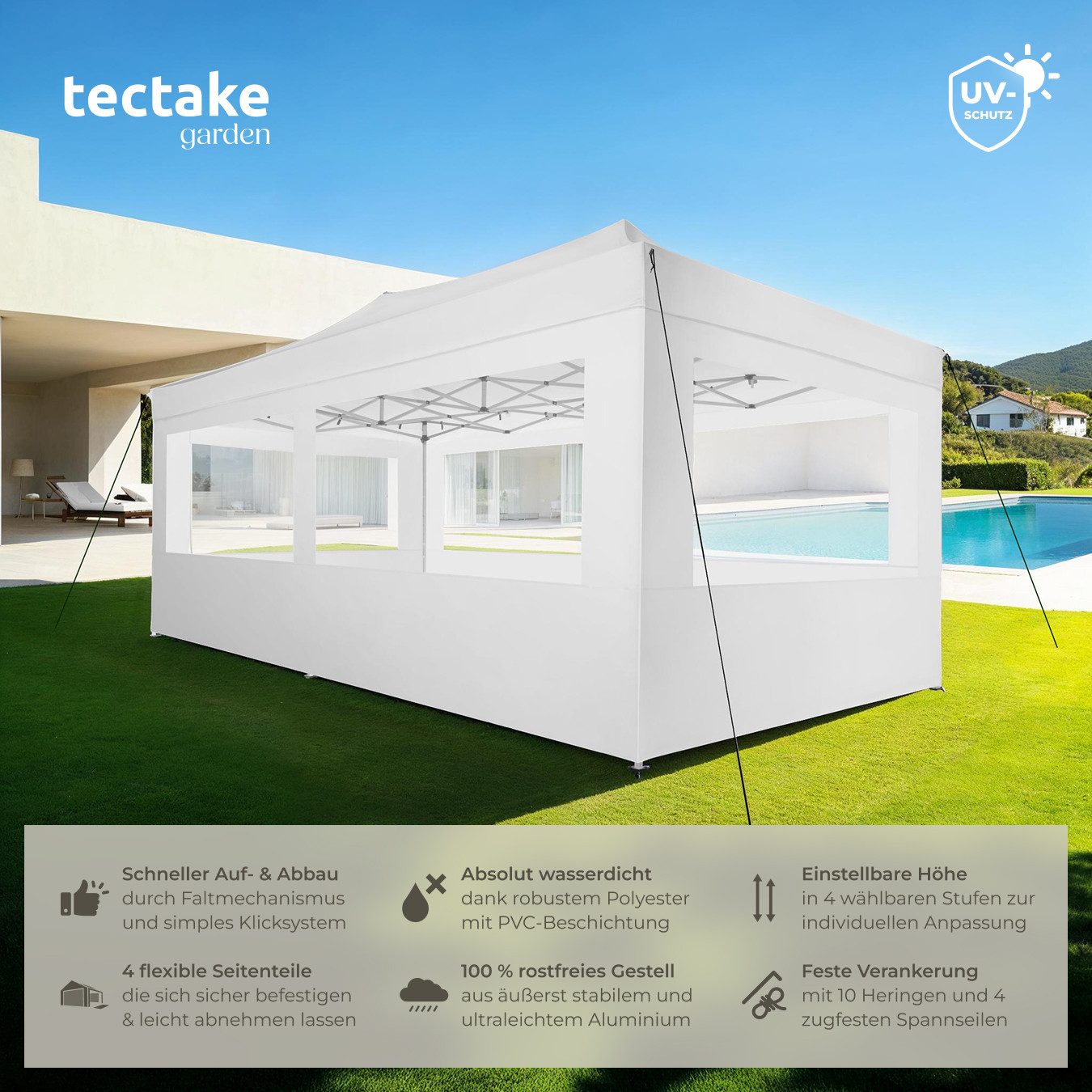 Thumbnail - tectake Pavillon Viola, mit 6 Seitenteilen, (600 x 300 x 310 cm, Komplettset), 6 x 3 m, faltbar und höhenverstellbar