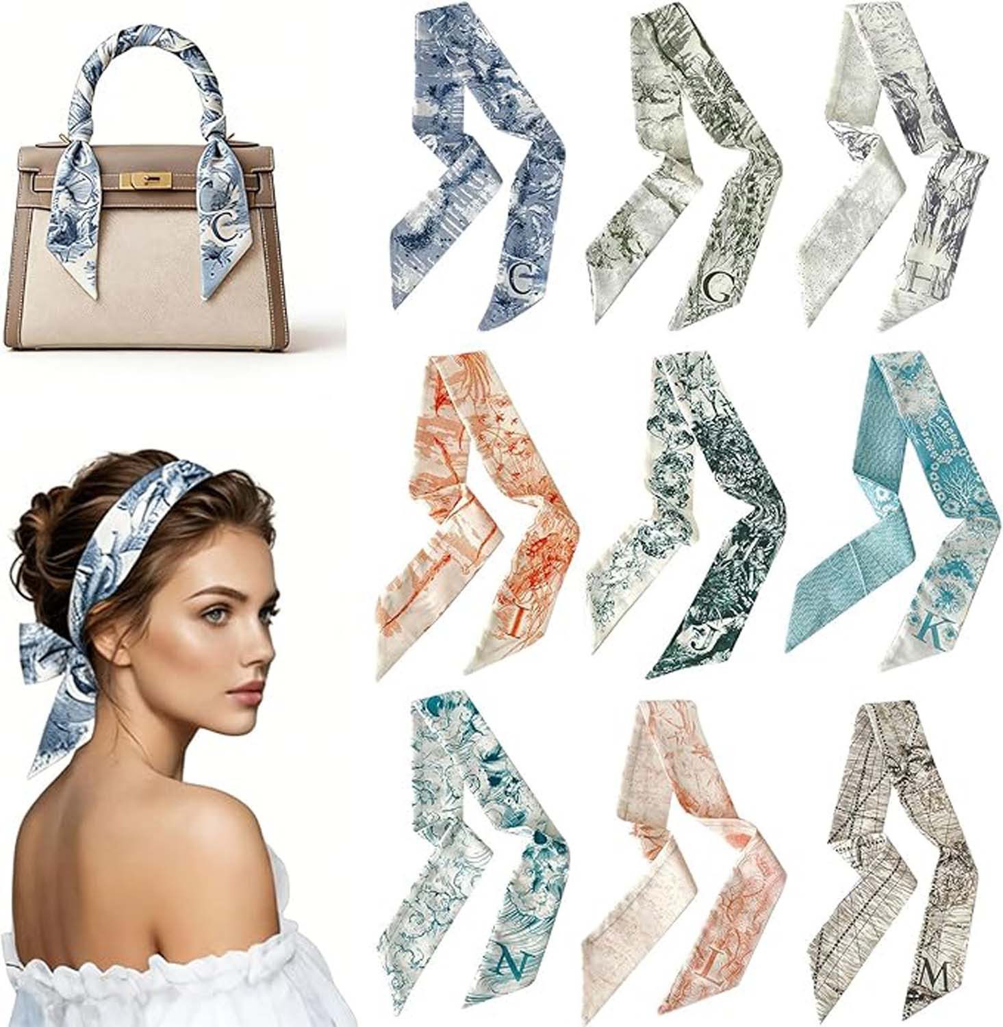 Oemmn Seidentuch 9 Seidenschal für Handtaschen,Schmales Seidentuch Haartuch Damen, (9-St)