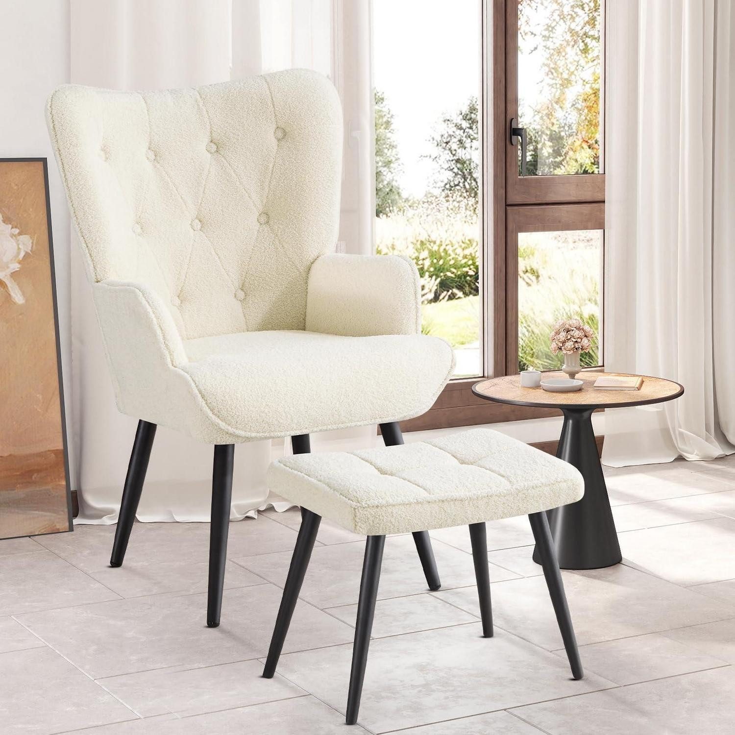 LuxusKollektion Ohrensessel Sessel Ohrensessel Hocker Boucle Relaxsessel mit Hocker Weiß