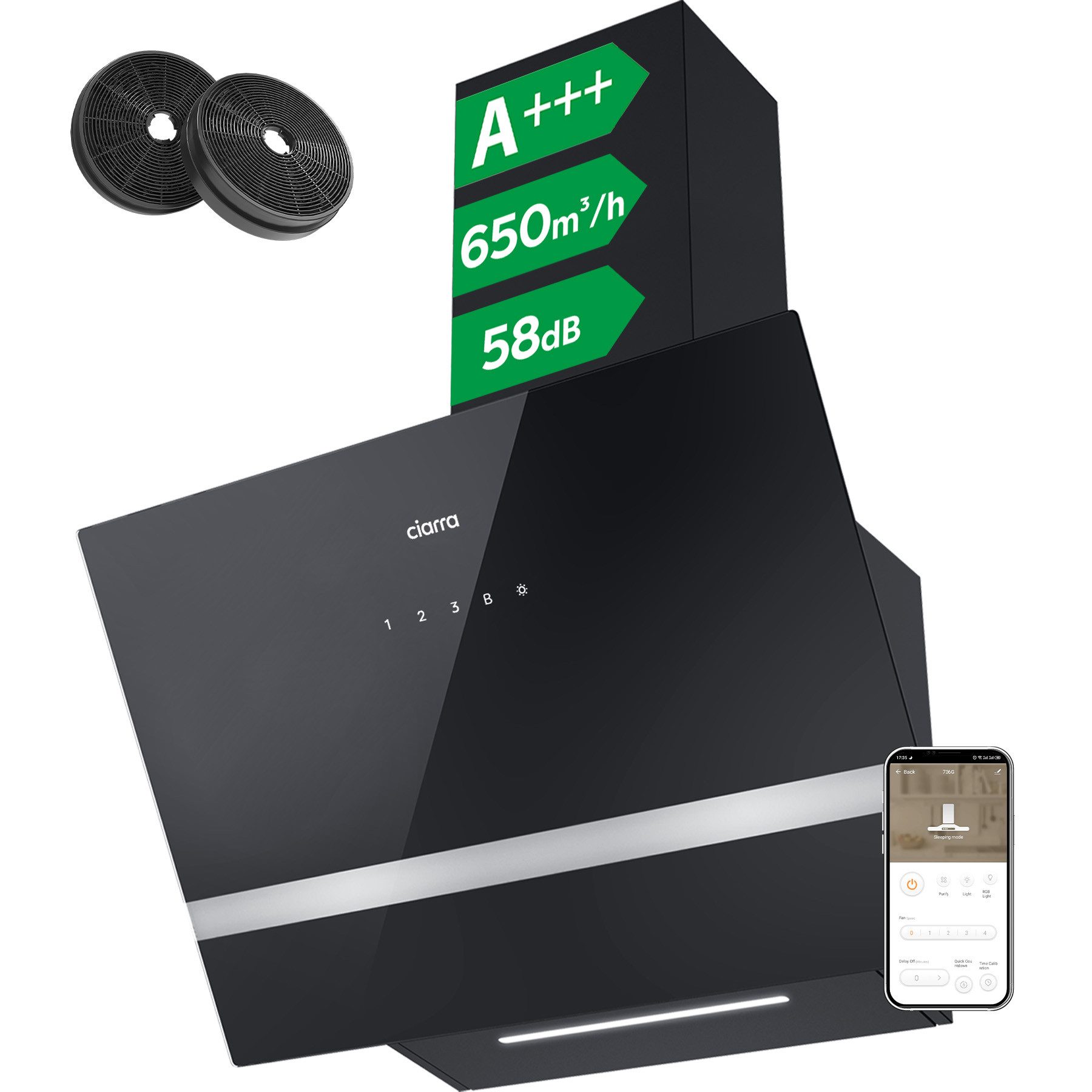 CIARRA Kopffreihaube 60 cm A+++ 650 m³/h Schräghaube leise Umluft & Abluft LED VM6736HB 60 cm A+++ 650 m³/h Schräghaube leise Umluft & Abluft LED VM6736HB, Kopffrei Dunstabzugshaube WIFI-APP Touch Control Inkl. BOOST 4 Stufen