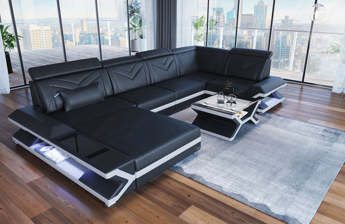 Sofa Dreams Wohnlandschaft Napoli U Form Mini Leder, Designersofa, 6-Sitzer, Ottomane, Leder, LED-Beleuchtung, viele Farben, Kopfstützen