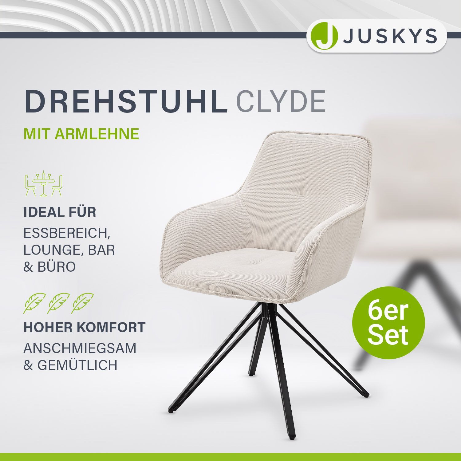 Juskys Esszimmerstuhl Clyde (6 St), 6er Set, Stoff Bezug, gesteppte Polster günstig online kaufen