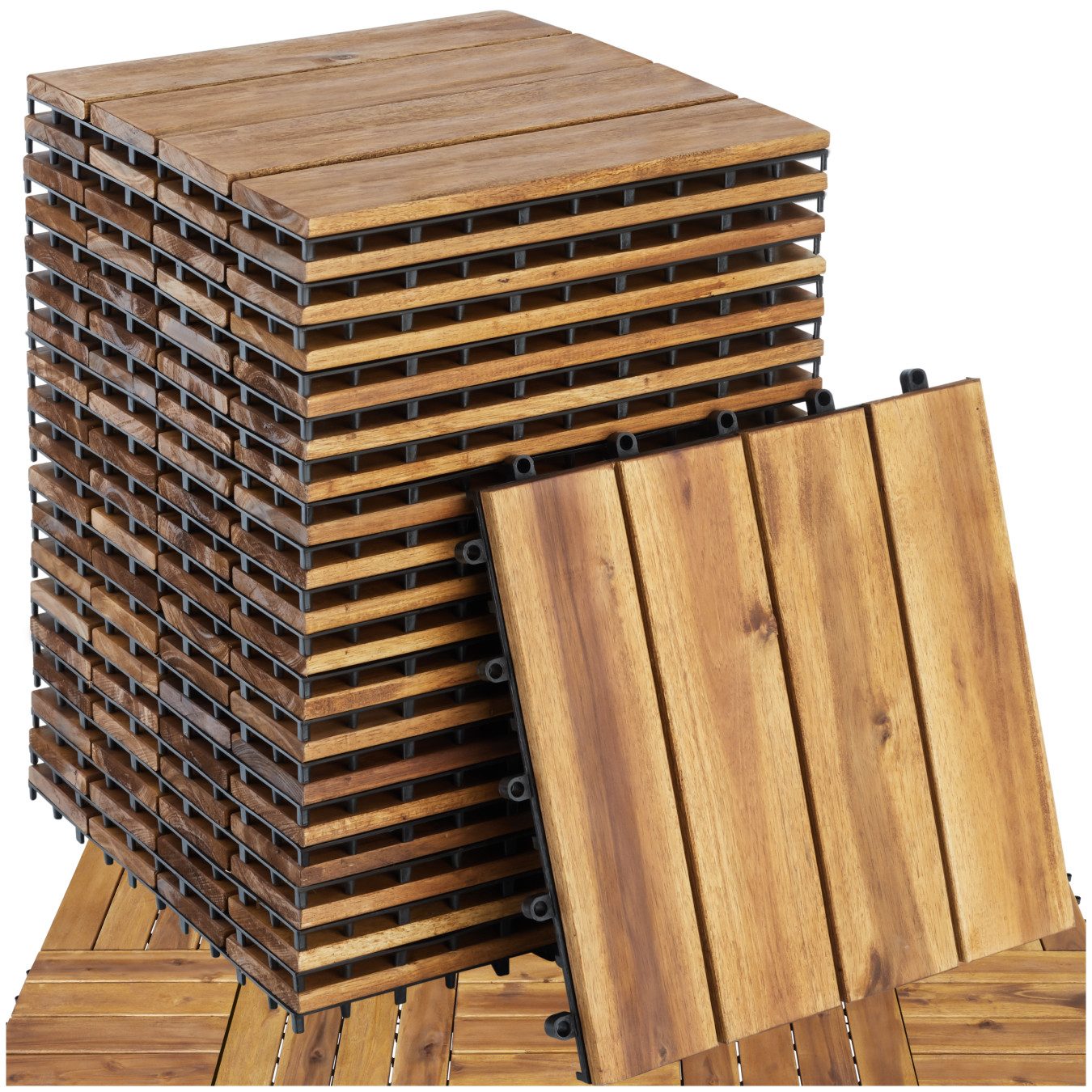 tectake Terrassendielen Terrassenfliesen 20er Set mit Klicksystem, 31 x 31 x 2,2 cm, 1,922 m², BxL: je 31,00x31,00 cm, (Terrassenplatten Außenbereich Tabula, 20-St., in braun), massives Akazienholz, mit Drainage, wetterfest