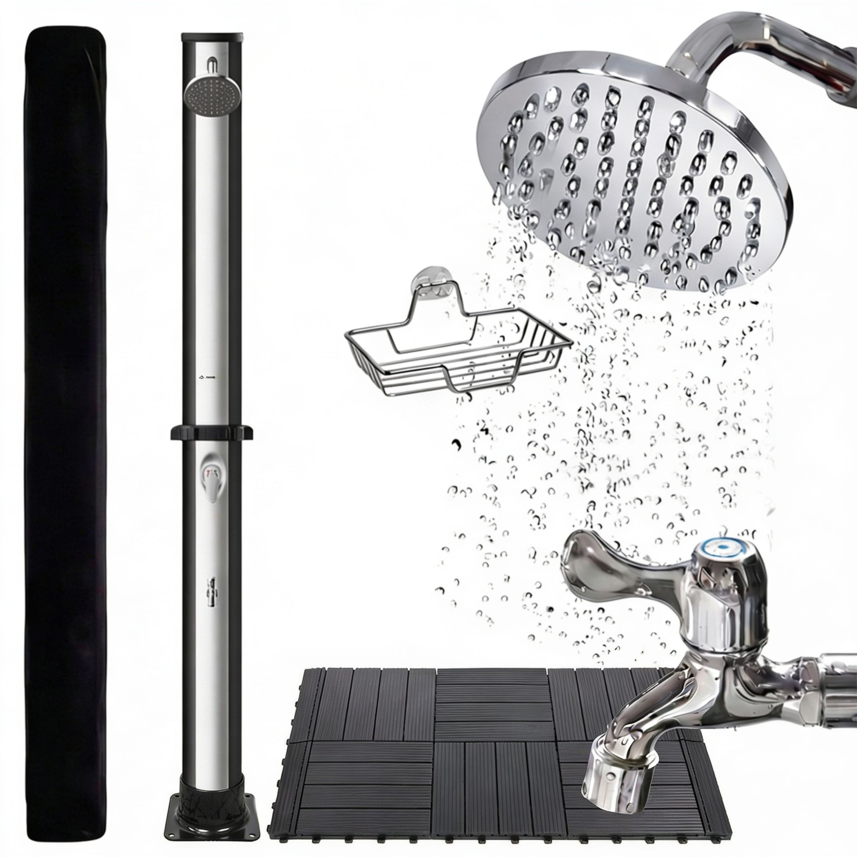NovaTerra Solardusche Gartendusche Campingdusche mit Bodenelement 20/35/40/60L bis 60°C, Schwenkbarer Regenduschkopf, Inkl. Bodenelement & Schutzhaube