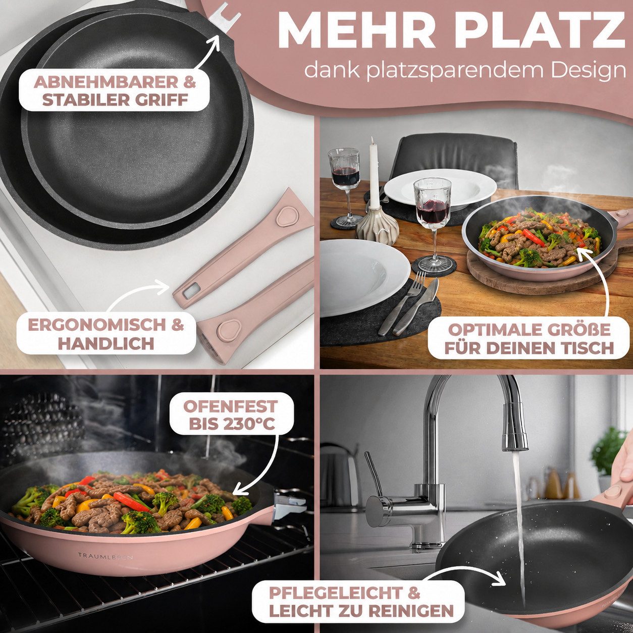 TRAUMLEBEN Wok 28 cm Wokpfanne mit Deckel, abnehmbarer Griff, Antihaftbeschichtung, aus Aluminium, für Induktion geeignet, backofenfest, hoher Rand – Bild 4 von 5