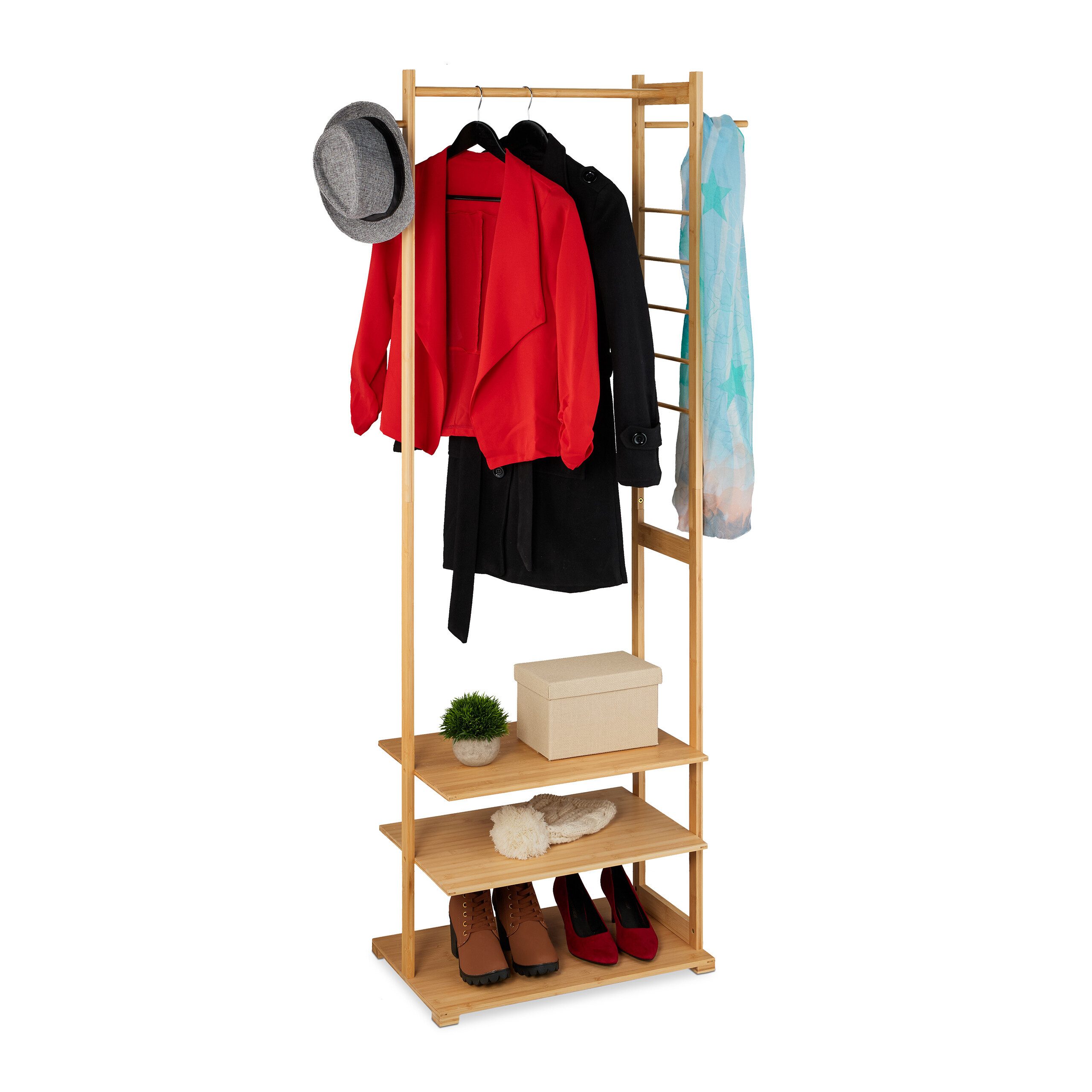 relaxdays Kleiderständer Bambus Kleiderständer mit 3 Ablagen, natur günstig online kaufen
