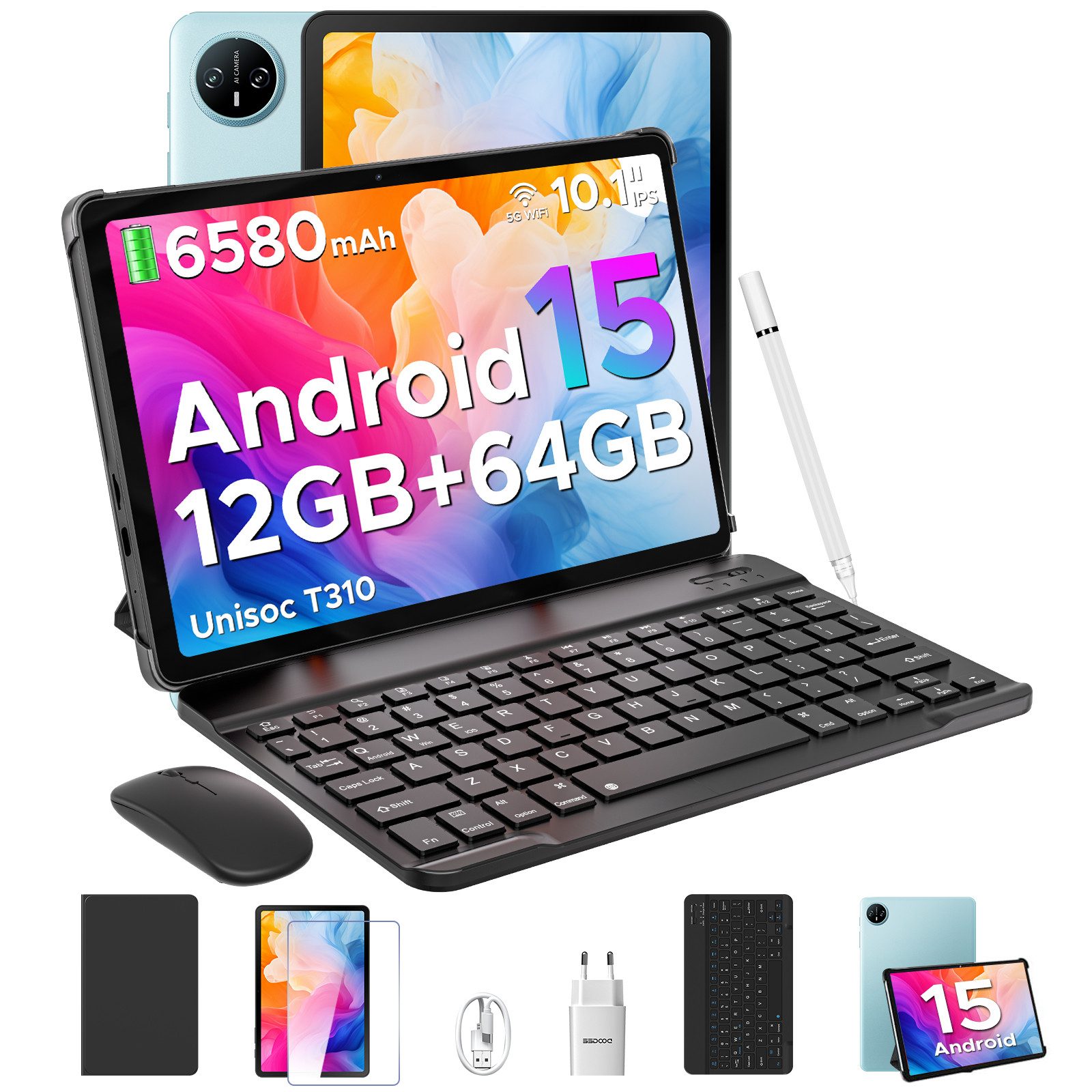 DOOGEE TAB A9 Android 15, 12GB RAM+64GB ROM(TF 2TB), 10 Zoll Tablet (10.1", 64 GB, Android 15, Wifi, Tablet mit Tastatur/Stift/Maus/Hülle, 5G WiFi, Face ID)