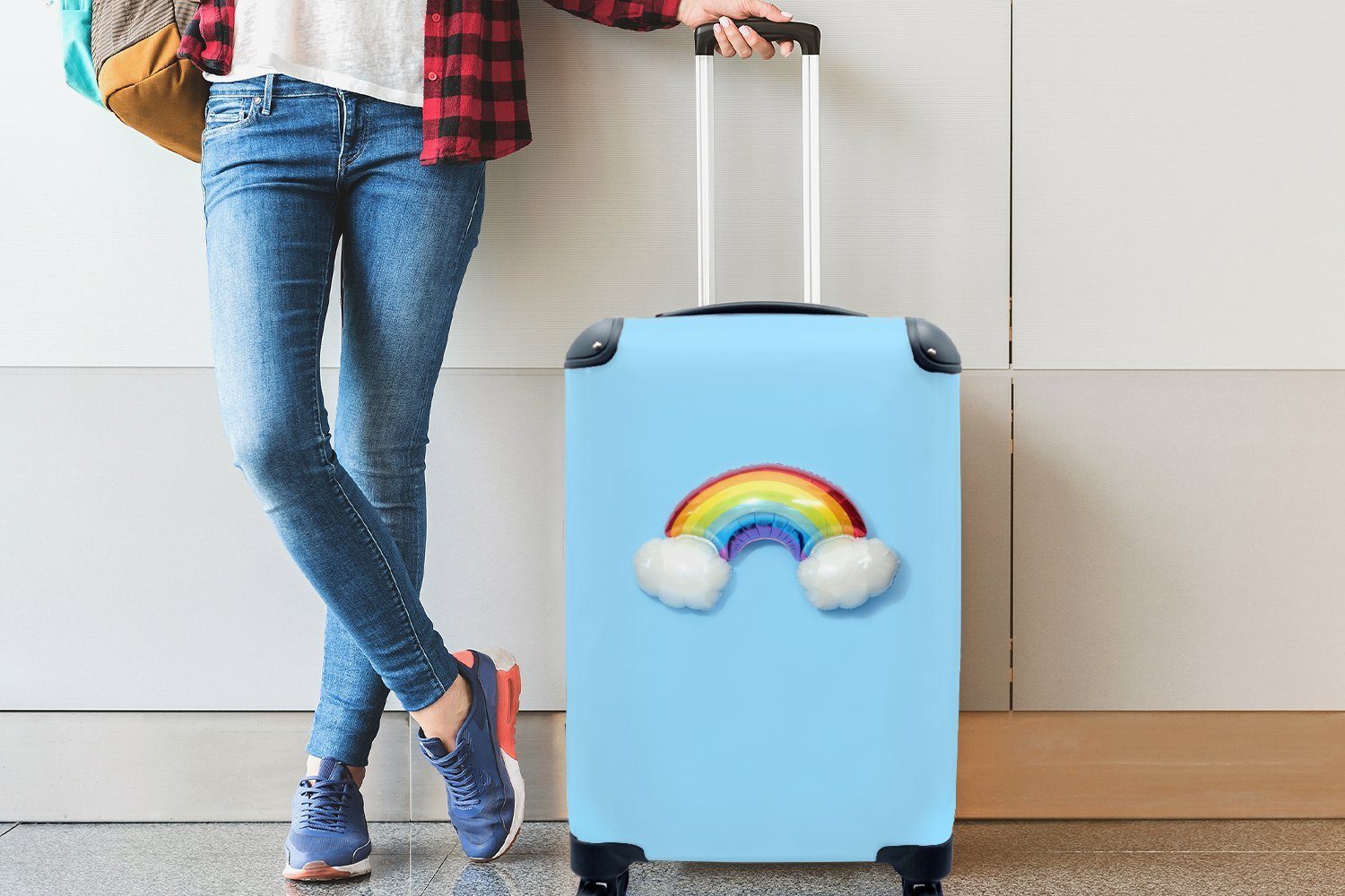 MuchoWow Handgepäckkoffer Ein Regenbogen aus Handgepäck 4 Rollen, Reisetasche mit flauschigen Wolken, Ferien, für Trolley, Reisekoffer rollen