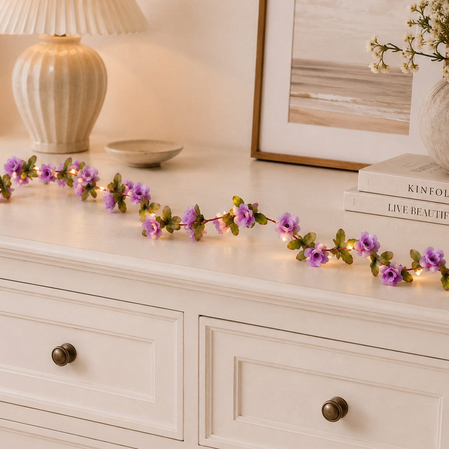 MARELIDA LED-Lichterkette lila Mini Rosen Rosenblüten Deko Hochzeit Valentinstag 2,1m Timer, 22-flammig