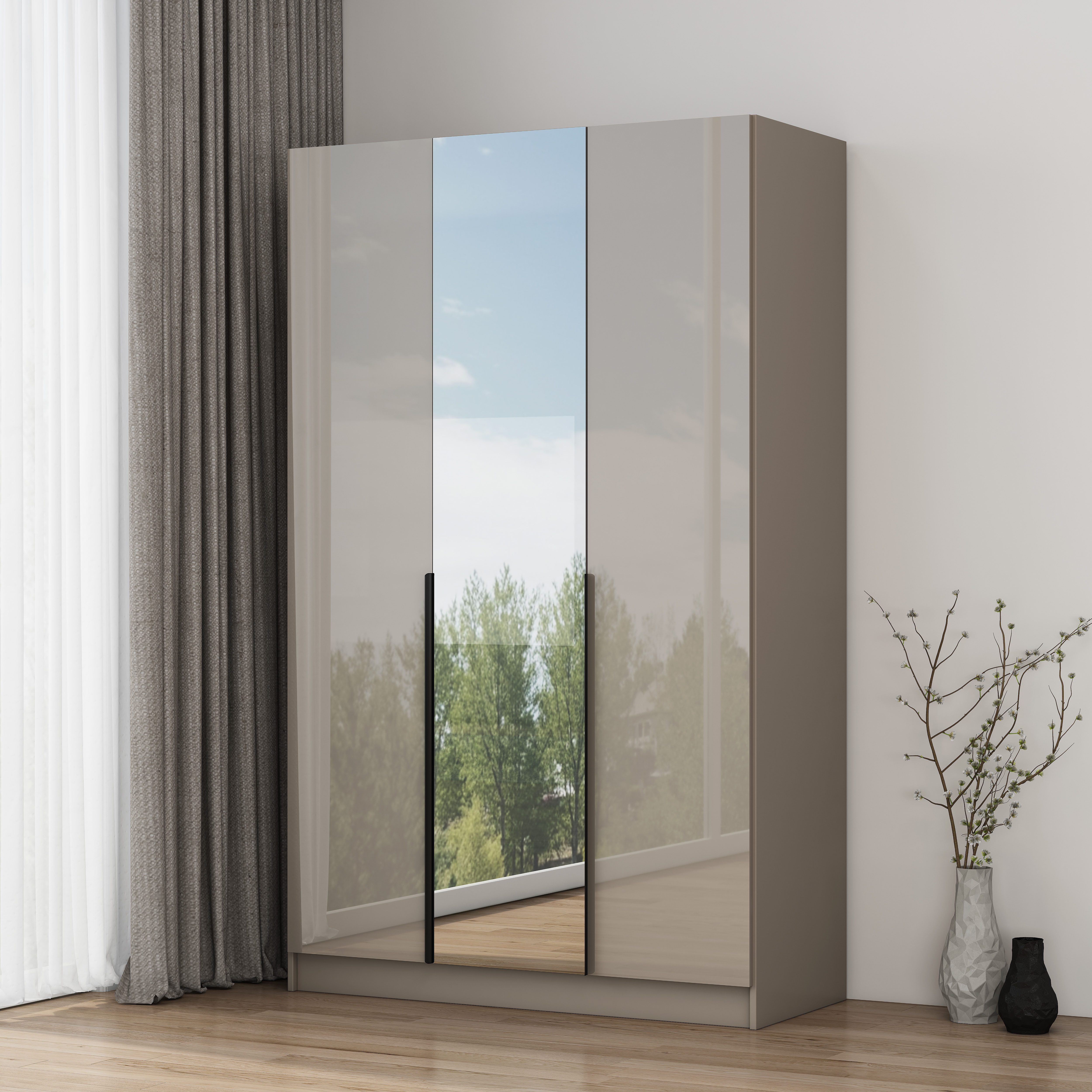 OTTO home Kleiderschrank Annor Schlafzimmerschrank Breite 122cm hochglanz Schrank Garderobe (Mit großem Spiegel für Ganzkörper Ansichten) Drehtürenschrank mit perfekter Innenausstattung - elegante Türgriffe