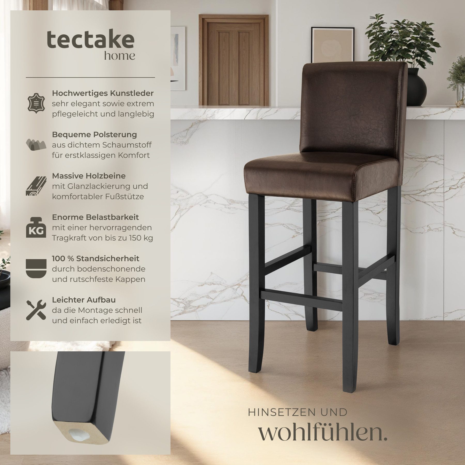 tectake Barhocker Barstuhl aus Kunstleder, gepolstert mit Rückenlehne, Stuh günstig online kaufen