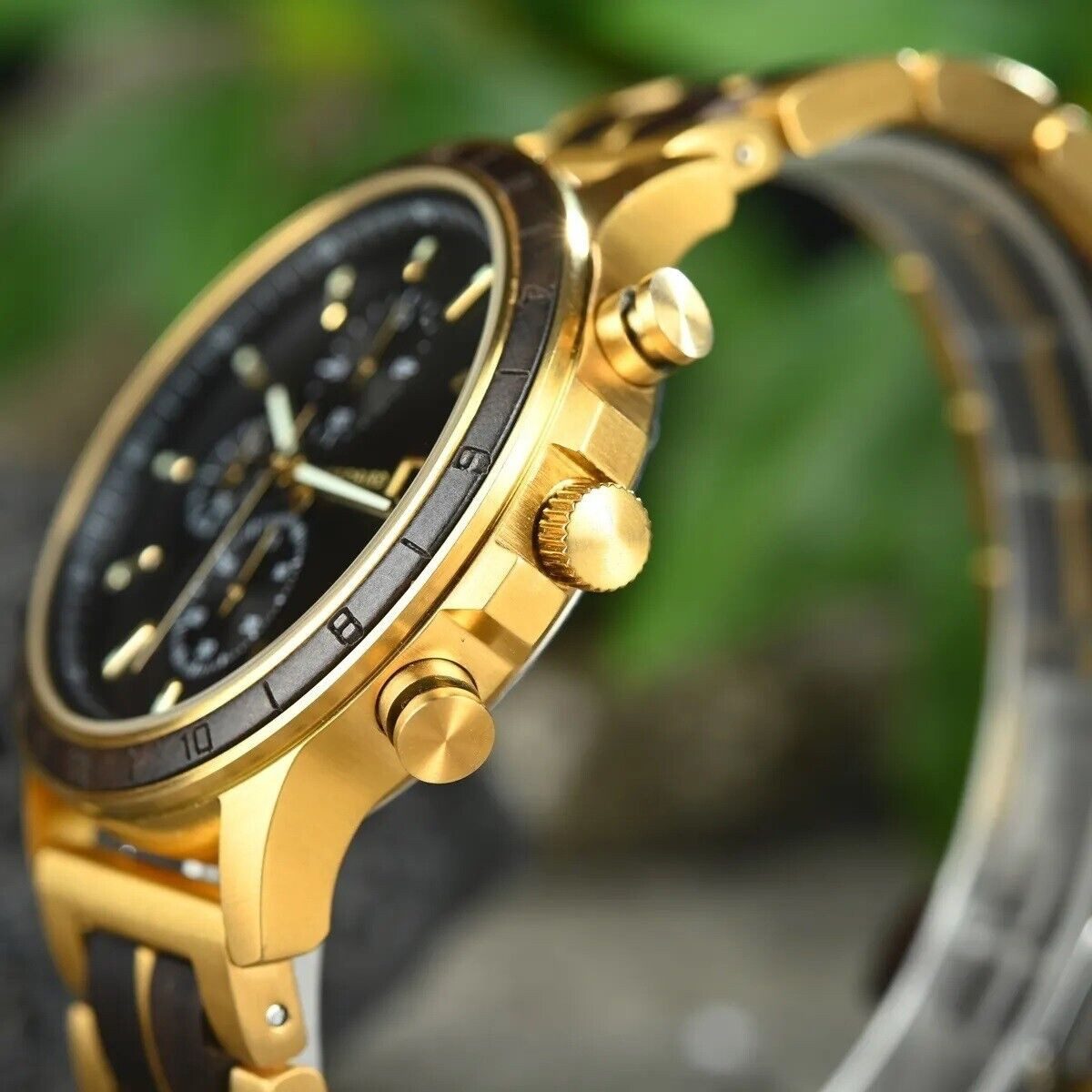 Holztick Bavaria Chronograph Ikarus IKARUS, schöne Männeruhr aus edlem Holz und Edelstahl in Goldoptik