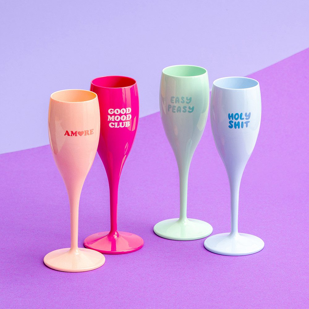 KOZIOL Sektglas CHEERS No. 1 COLOR UP Glas 100 ml mit Druck, 4 Motive, 4-tlg., Kunststoff, spülmaschinengeeignet
