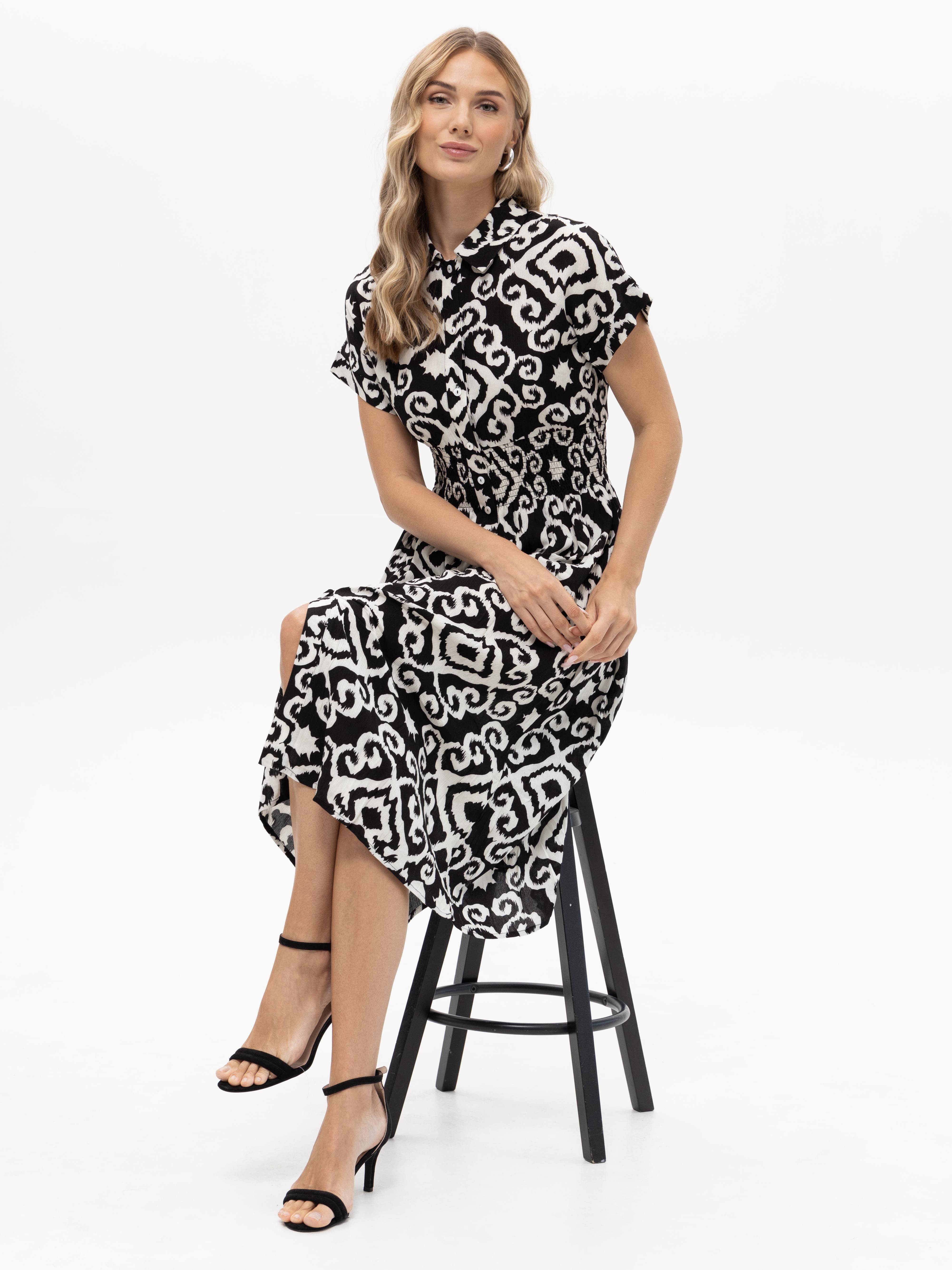 Passioni Hemdblusenkleid bedruckt mit gesmokter Tallie Sommerkleid mit Ornament Muster