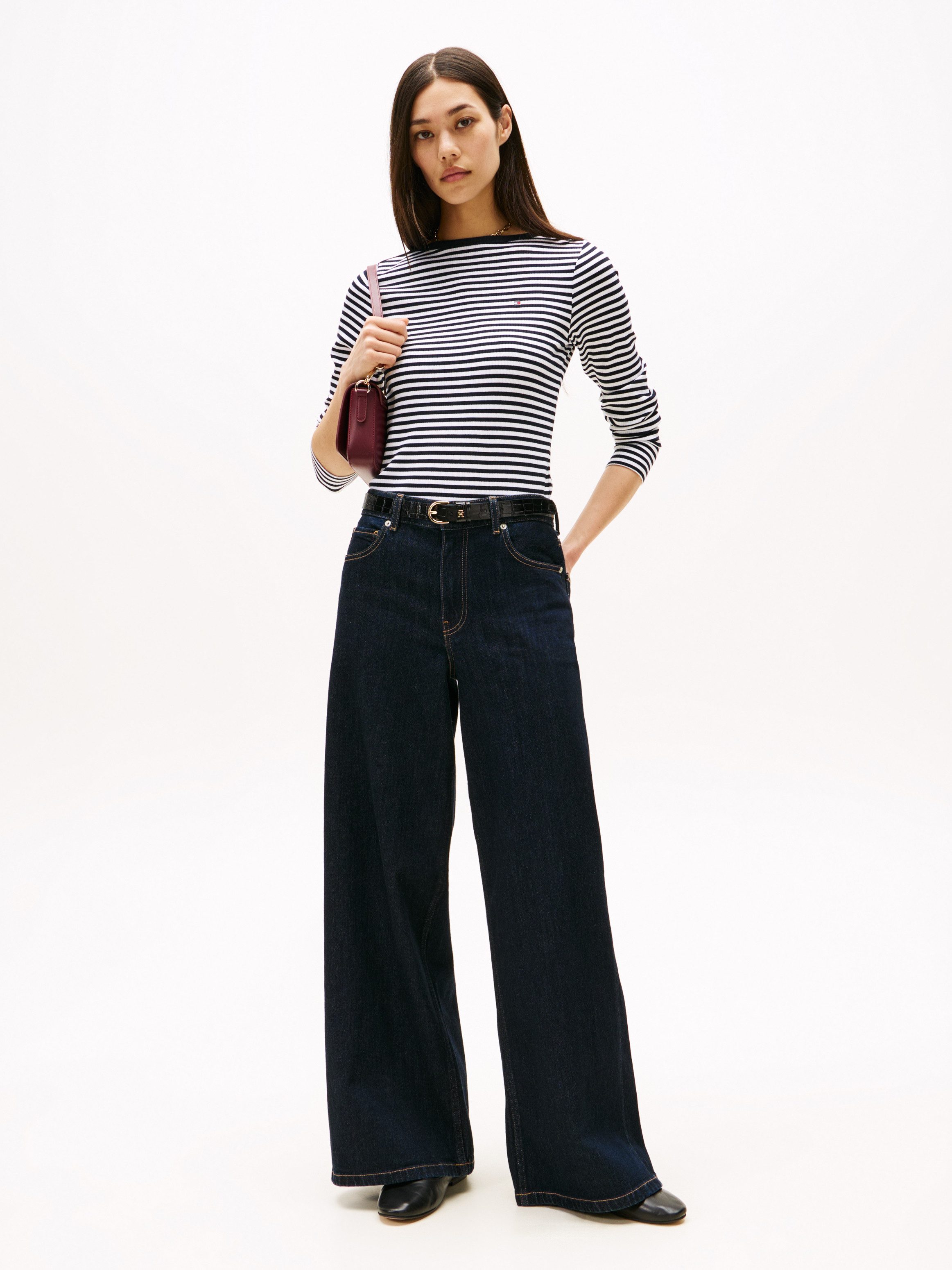 Tommy Hilfiger Langarmshirt SLIM 5X2 RIB BOAT-NK LS mit U-Boot Ausschnitt und Rippstruktur unifarben, casual, slim fit, Viskosemix, U-Boot-Ausschnitt