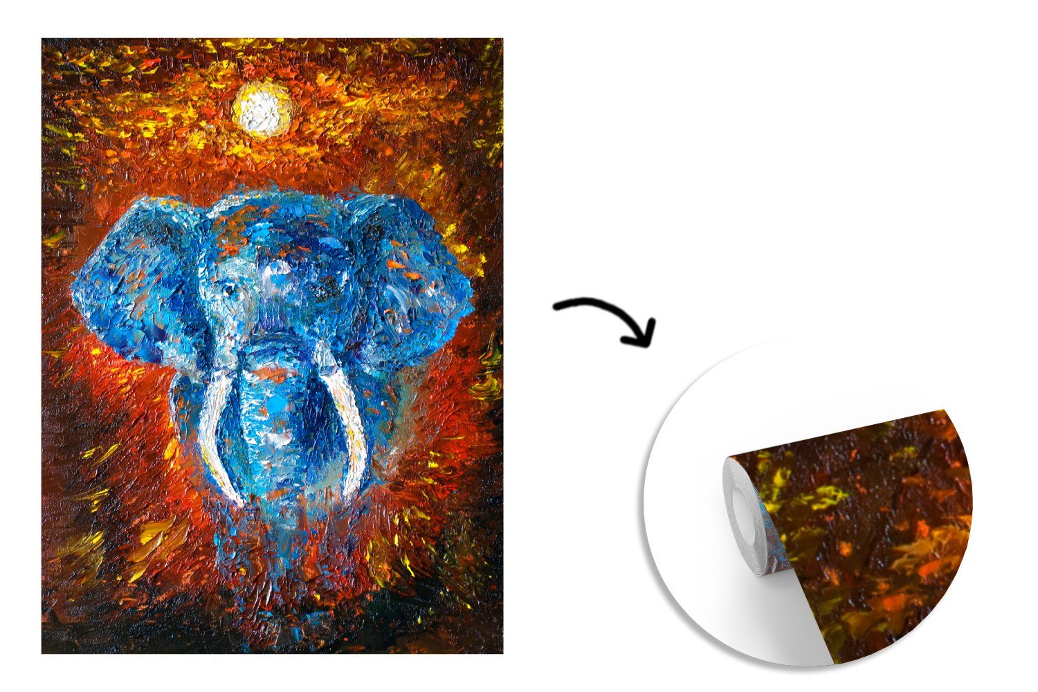 Montagefertig Fototapete Elefant Tapete - für bedruckt, MuchoWow Matt, Wandtapete Wohnzimmer, Impressionismus, (4 Vinyl - St), Ölfarbe