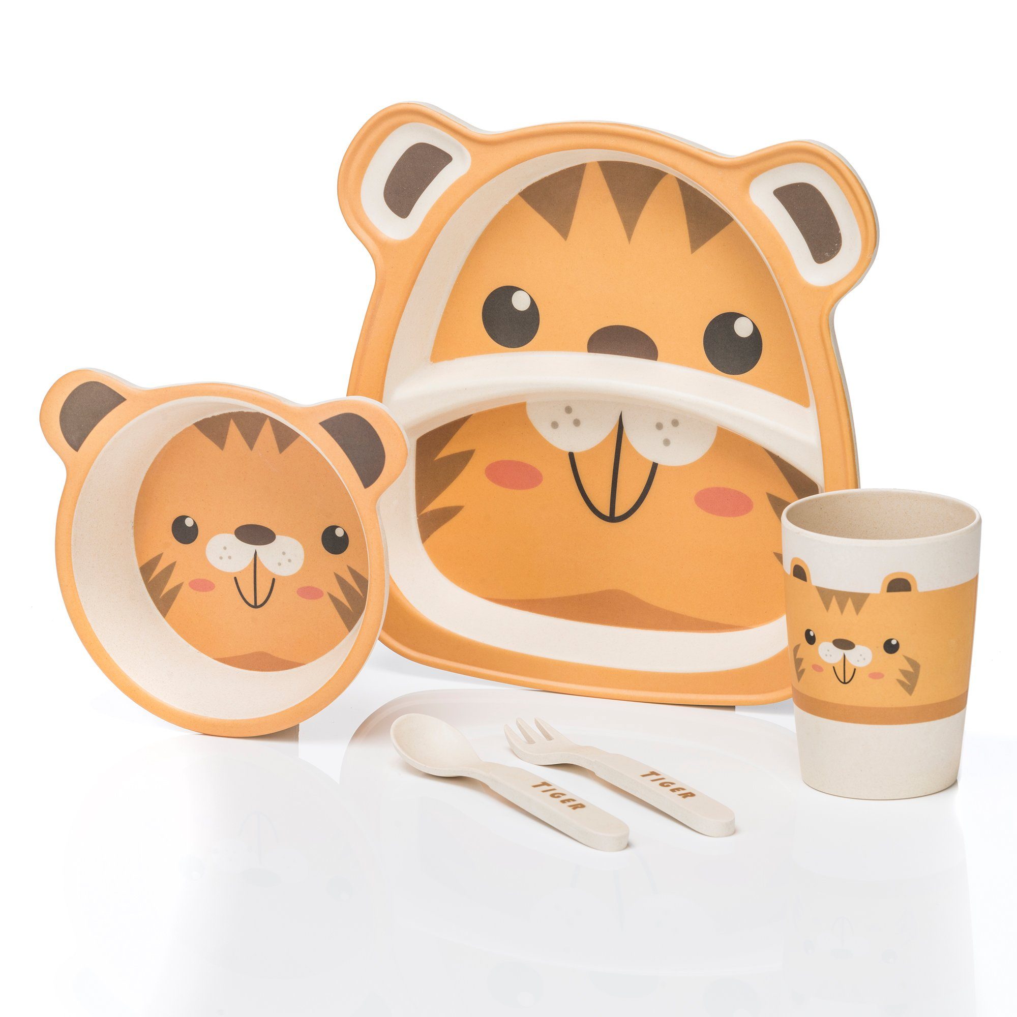 all Kids United Kindergeschirr-Set ALL KIDS UNITED 5-tlg. Kindergeschirr-Set mit Tier-Motiv (5-tlg), BPA-freier Kunststoff, Teller, Schüssel, Besteck, Becher