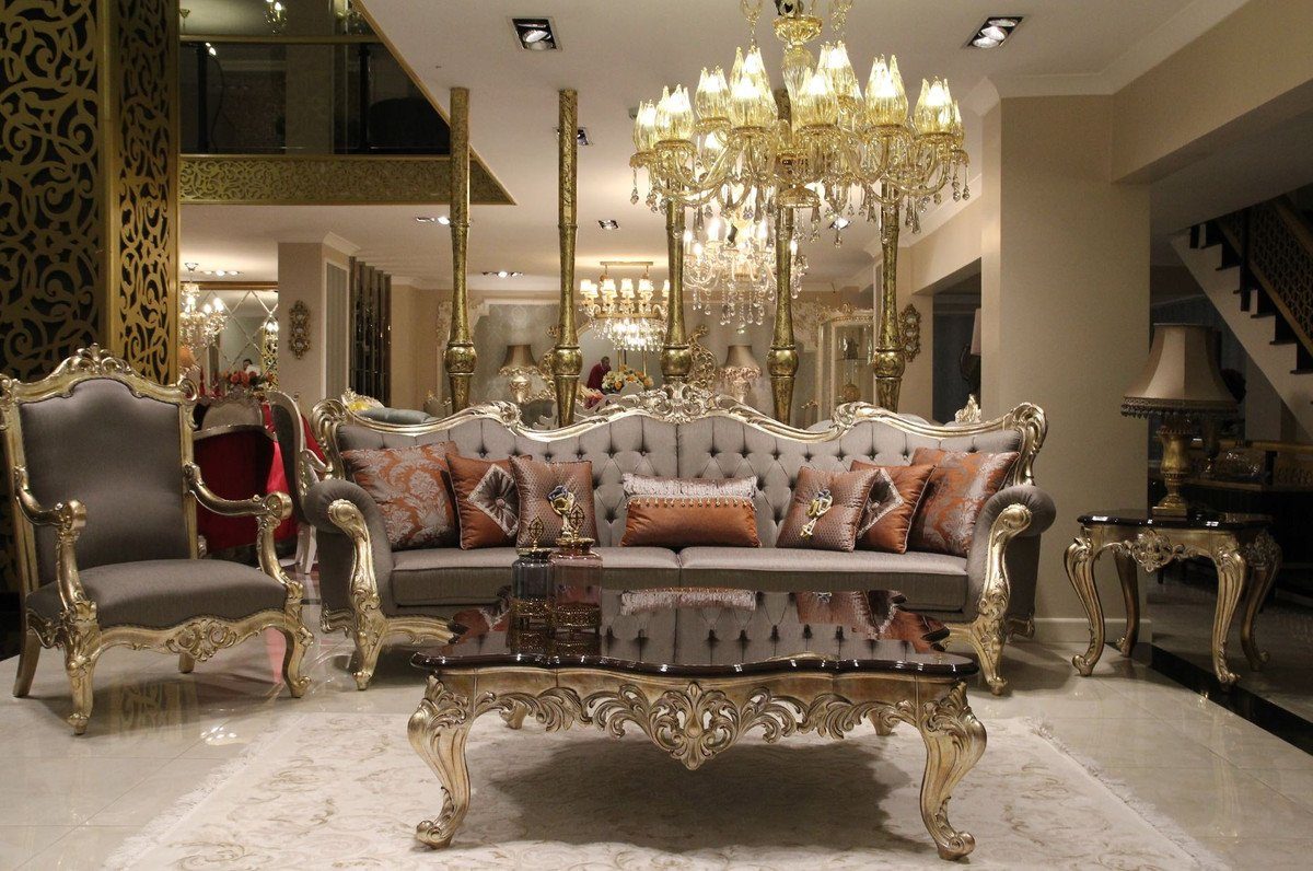 Casa Padrino Sofa Luxus Edle Sofa x - Barockstil Sofa / x H. Gold Wohnzimmer 98 - 300 Möbel cm Barock Prunkvolles 120 Grau im Barock Wohnzimmer
