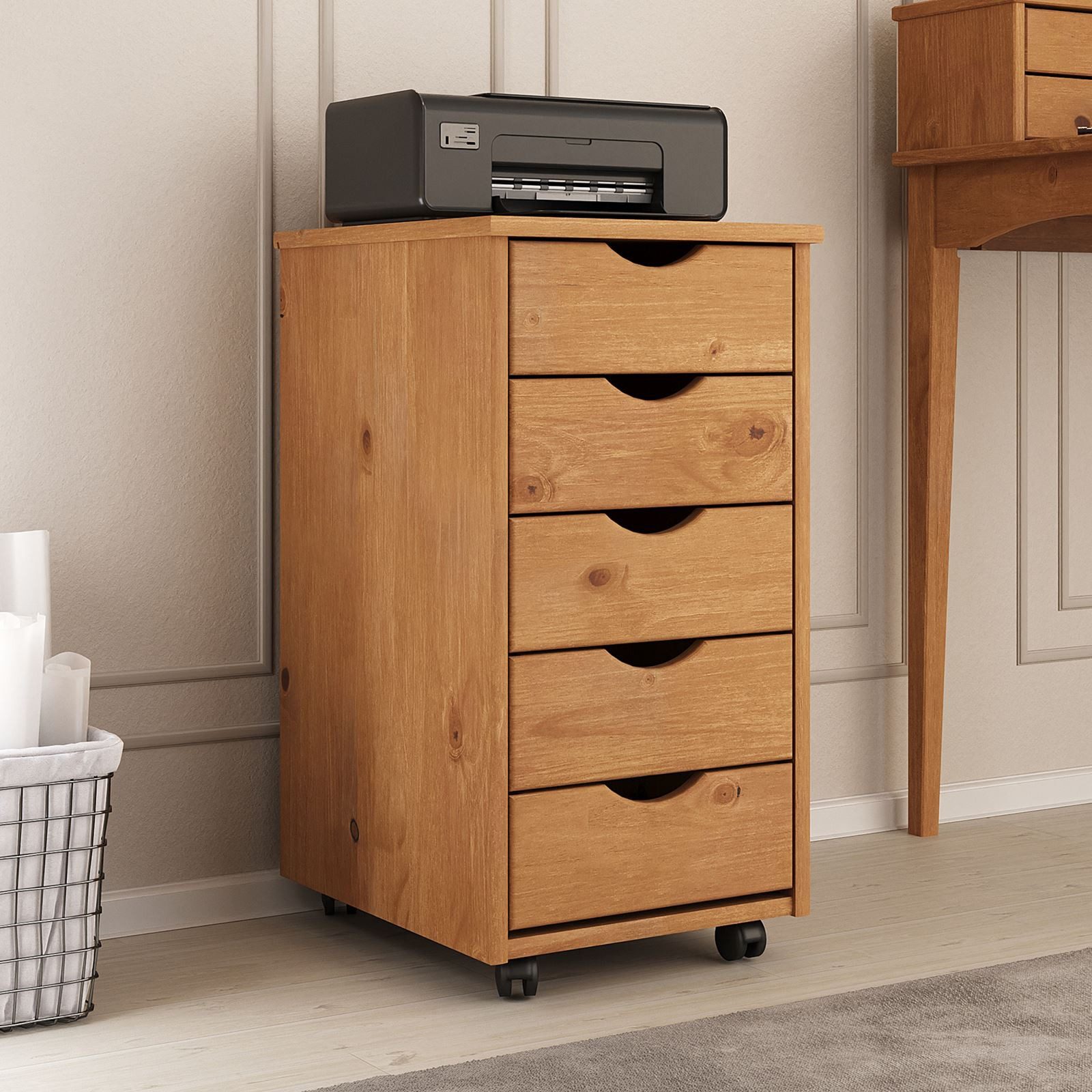 IDIMEX Rollcontainer LAGOS, Bürocontainer aus Massivholz mit 5 Schubladen Eiche Finish