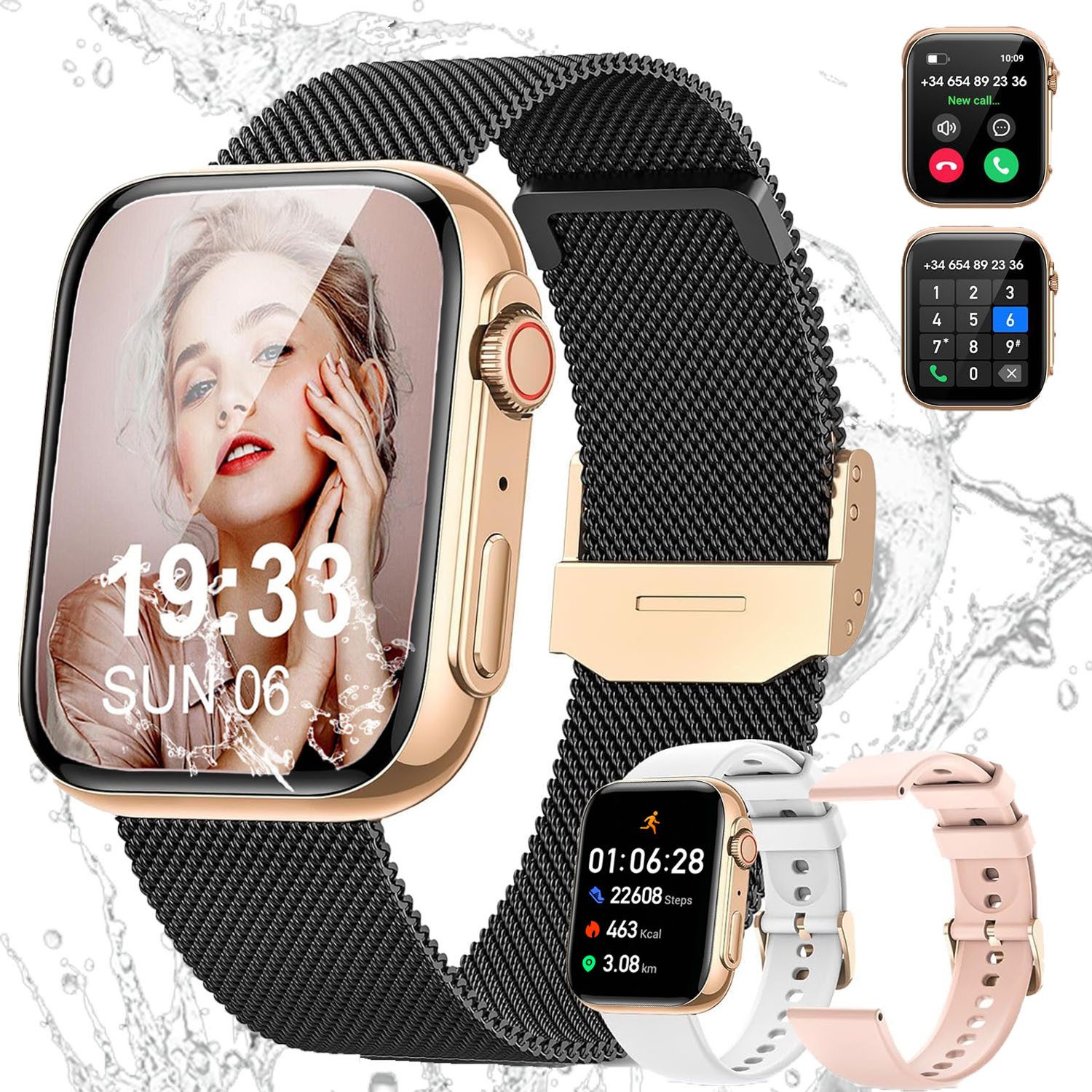 ANYSUN Smartwatch Damen mit Telefonfunktion,Fitness Tracker Smartwatch (4.9 cm/1,91 Zoll, Always-On-Display) 120+ Sportuhr, Schlafüberwachung, Menstruationszyklus, mit zwei Wechselarmband aus Silikon, Fitness Tracker Watch with Blood Pressure/Heart Rate/SpO2 Monitor