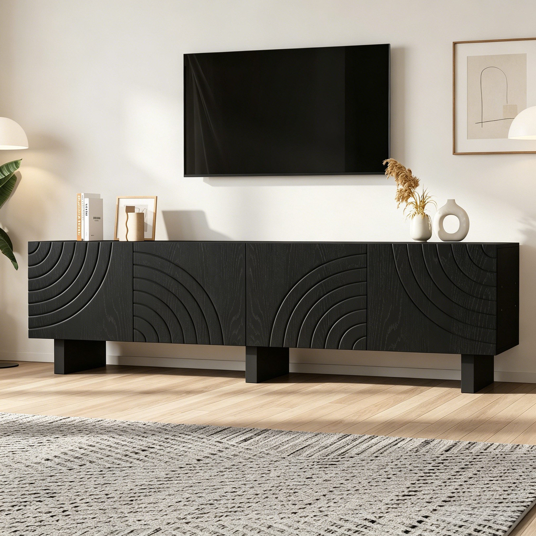 STILVORA Lowboard Lowboard Fernsehschrank Aufbewahrungsschrank für Fernseher bis 75 Zoll (4 Türen, TV-Halterung, schwarze Strukturfront, robust, 180×40×55 cm, Spanplatte, pflegeleicht, bis 30 kg), für Wohnzimmer, Heimkino, Apartments und TV-Bereiche