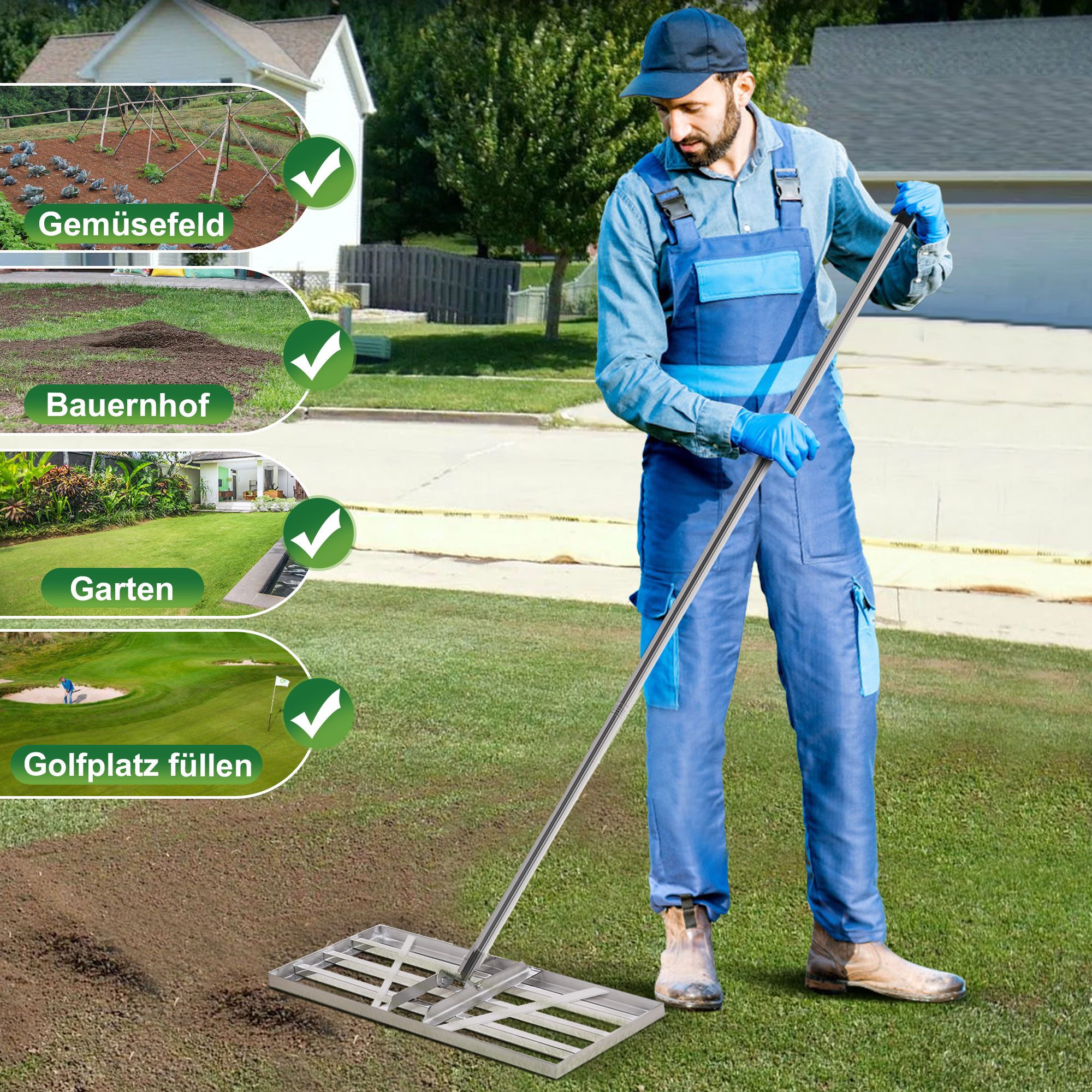 XERSEK Rasenlüfter Rakel Rasen 85*35cm, V2A-Edelstahl Rasen Nivellierrechen mit 2M Griff, (Rasen XXL Rakel zum Sanden Abziehen Levelingrake), Flächenebner Levele Lawnleveling Boden Rasenplaner