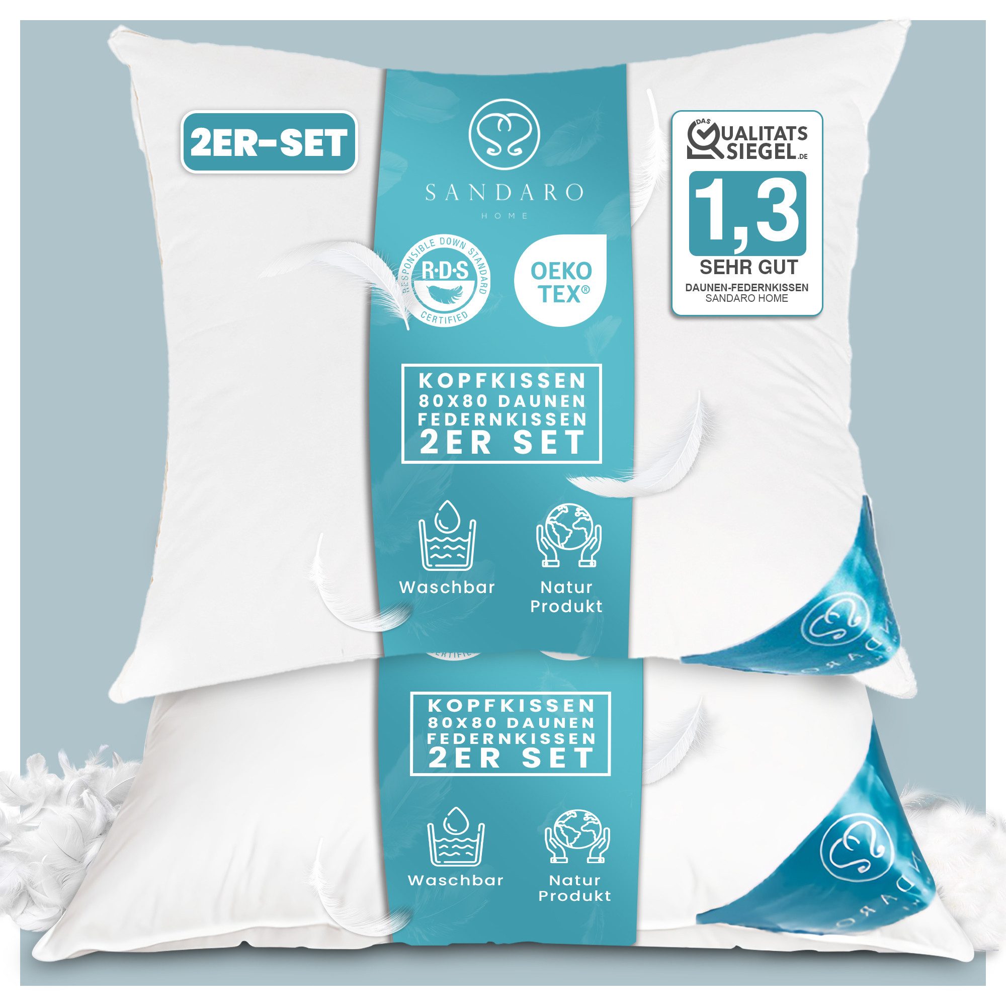 Sandaro Home Daunenkissen 1200 gr, 3-KAMMERN KISSEN, 80 x 80 cm 2er SET, Be günstig online kaufen