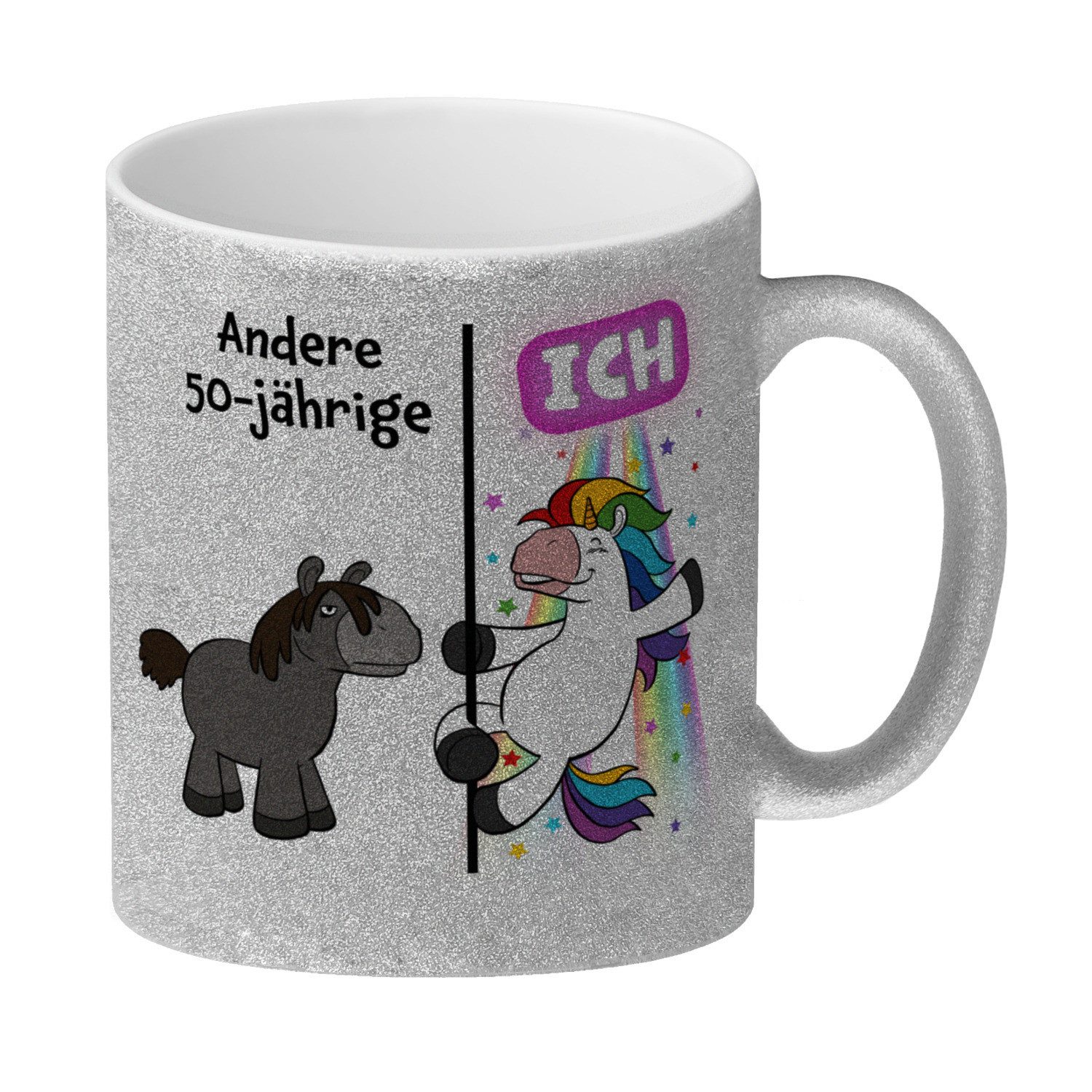 speecheese Tasse 50. Geburtstag GlitzerKaffeebecher mit lustigem