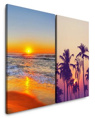 Sinus Art Leinwandbild 2 Bilder je 60x90cm Palmen Karibik Südsee Sonnenuntergang Sommer Traumurlaub Strand