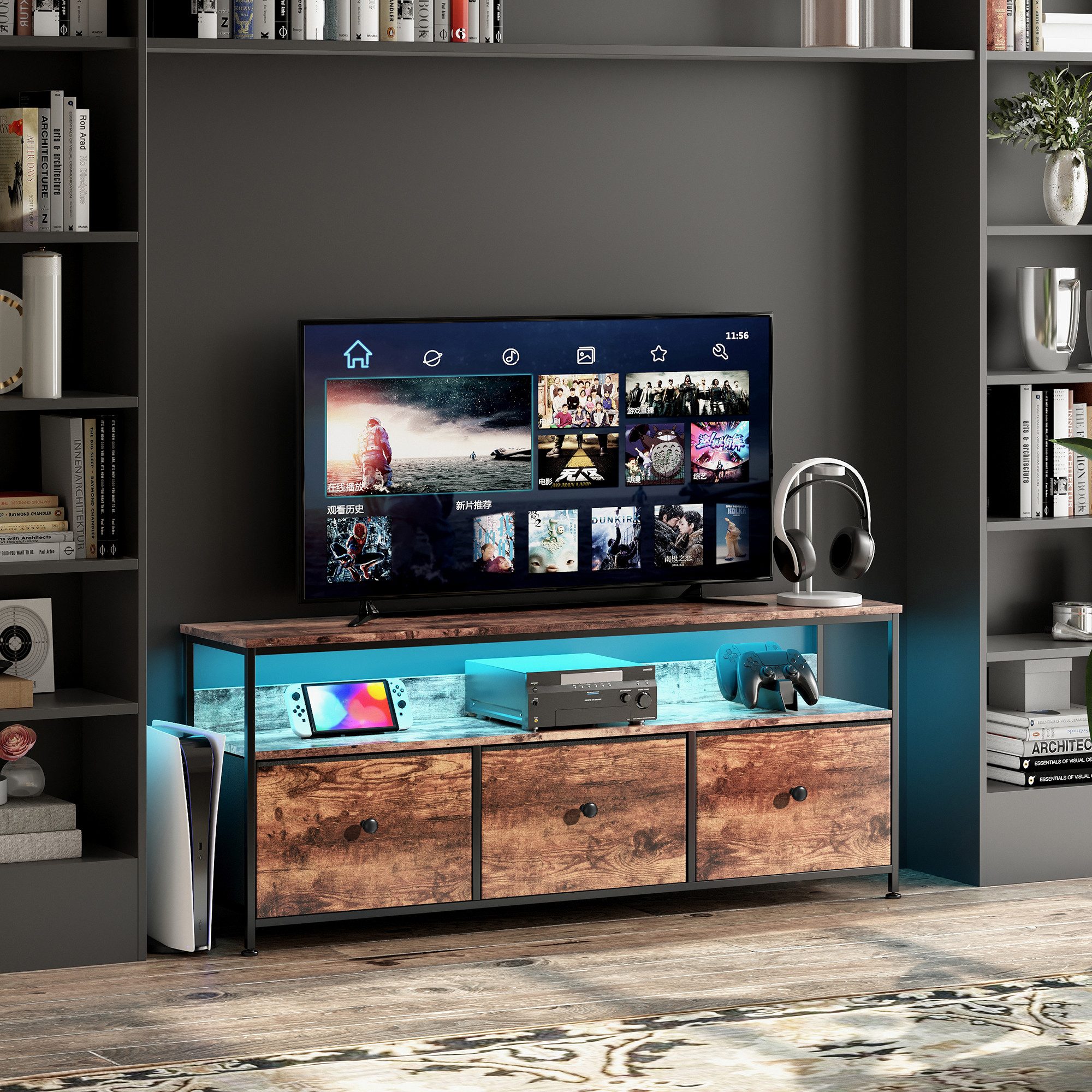 FUROKOY Lowboard TV-Schrank (Fernsehschrank Sideboard-Schrank mit 1 Regal und 3 Stoff Schubladen, TV-Bank für Wohnzimmer Schlafzimmer, 108 x 29.8 x 57cm)