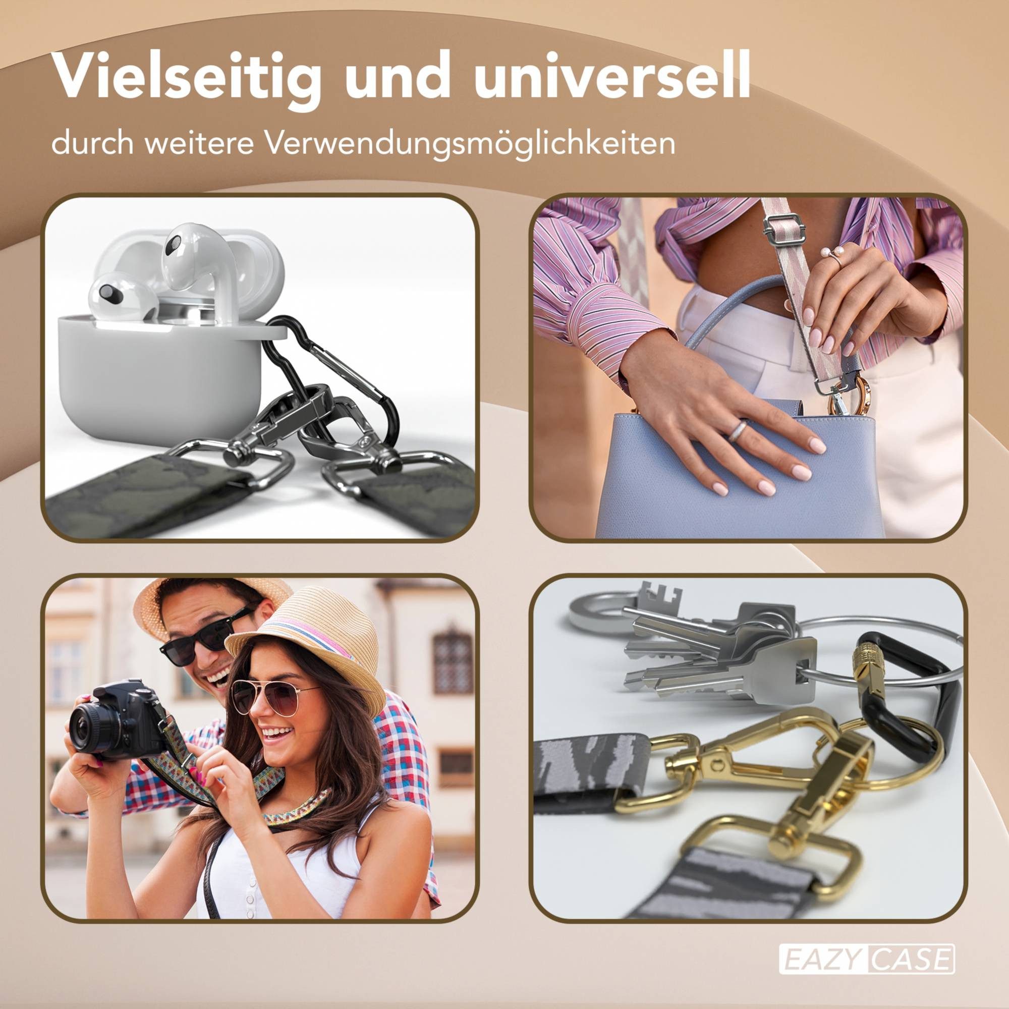 EAZY CASE Handykette Universal für alle Smartphones Boho/Wave/Leo Style, Universales Handyband mit Carabiner wechselbare Kordel Schwarz Silber