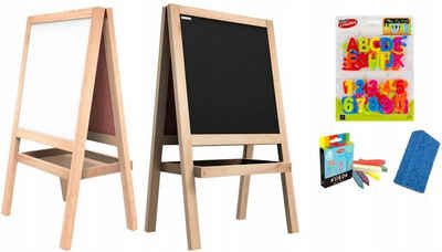 ALLboards Standtafel Kindertafel Staffelei Doppelseitige Magnettafel Whiteboard und Kreide aus Holz 120 cm Kinder Spiel-Tafel, Breiter Rahmen, klappbare Ablage, Magnetisch