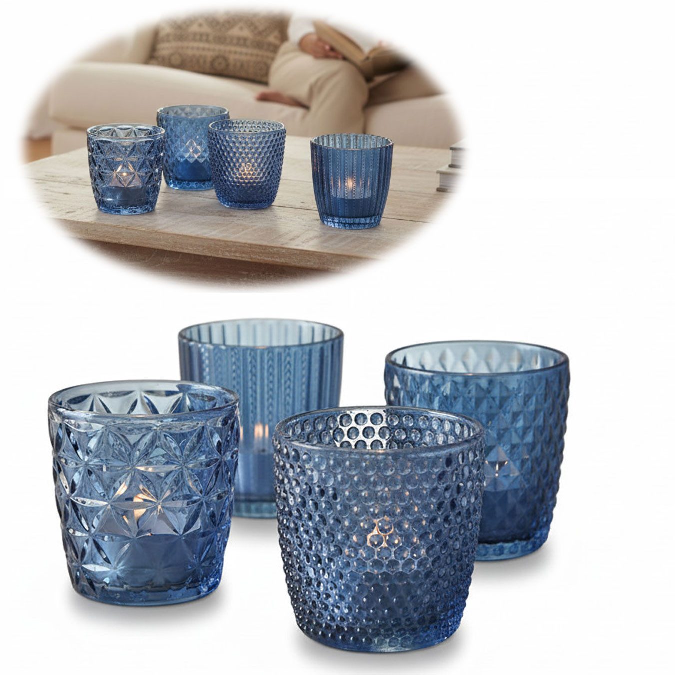 LS-LebenStil Teelichthalter 4´er Set Teelichtgläser Retro Blau 7cm Glas Windlicht (4´er Set Kristall Ornament Windlicht für Teelichter, 4 St., Halter Kerzenständer Tischdeko Kerzenhalter Gläser für Teelichter), 7x7cm, 4´er Set Kristall Ornament Windlicht für Teelichter