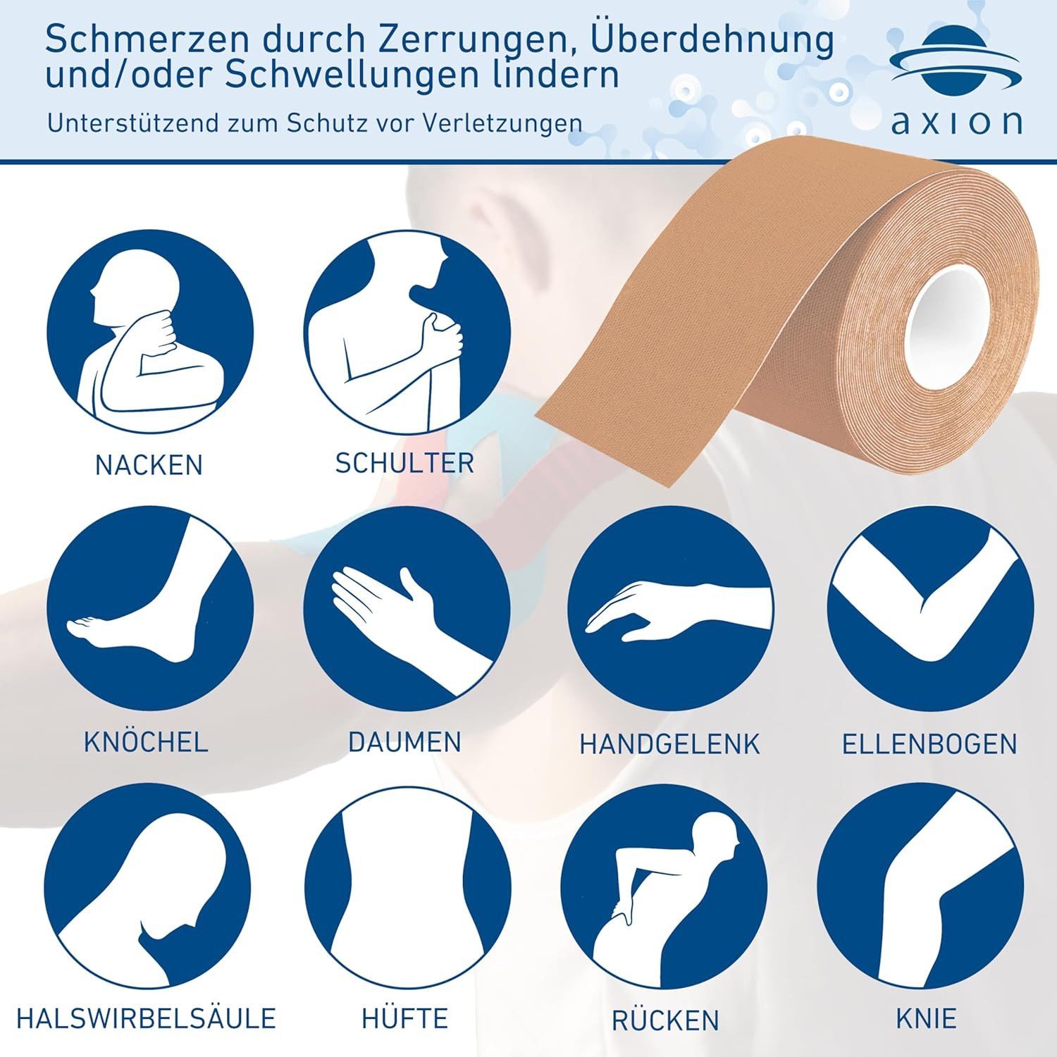 Axion Kinesiologie-Tape Wasserfestes Kinesio-Tape in beige & blau, 2 Rollen (2-St) MEDIZINPRODUKT, 5 cm x 500 cm