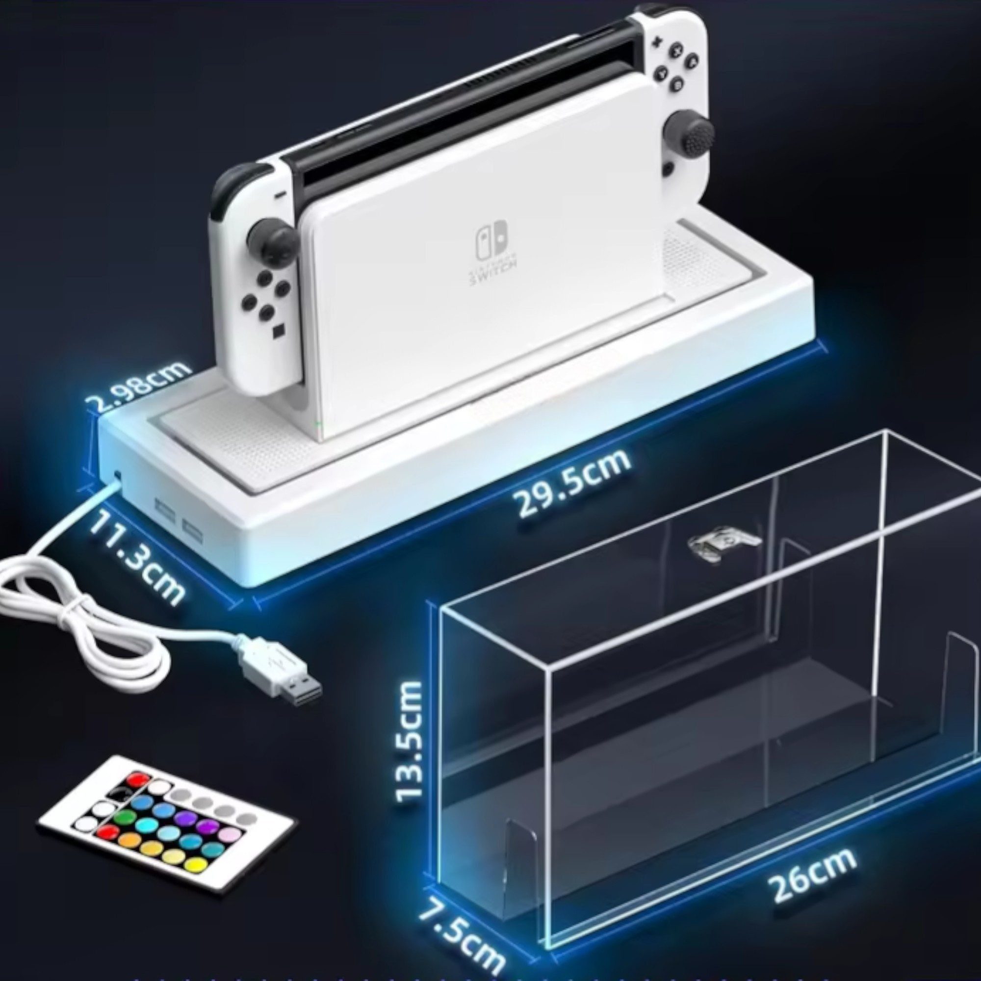 Coradoma Nintendo-Schutzhülle Staubschutzhülle Acryl Case mit LED Beleuchtung inkl. Fernbedienung, kompatibel mit Nintendo Switch und OLED, Transparenter Staubschutz
