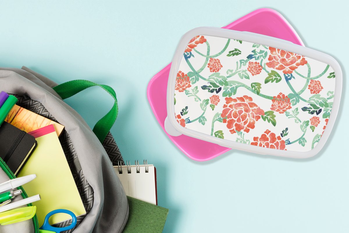 MuchoWow Lunchbox Snackbox, Blätter Kunststoff, für Kinder, (2-tlg), Erwachsene, Brotbox Kunststoff - Blumen - Aquarell, rosa Brotdose Mädchen, Muster 