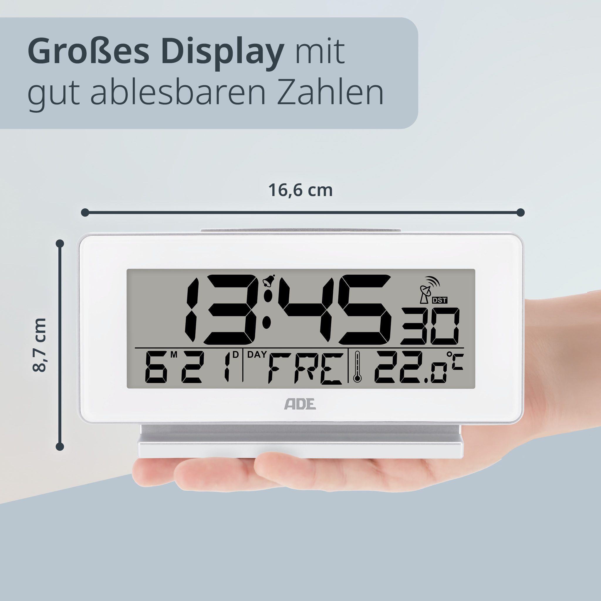 ADE Funktischuhr Digitaler Wecker mit Beleuchtung, ohne Ticken mit Wochentag- und Temperaturanzeige und Weckfunktion, leicht ablesbar