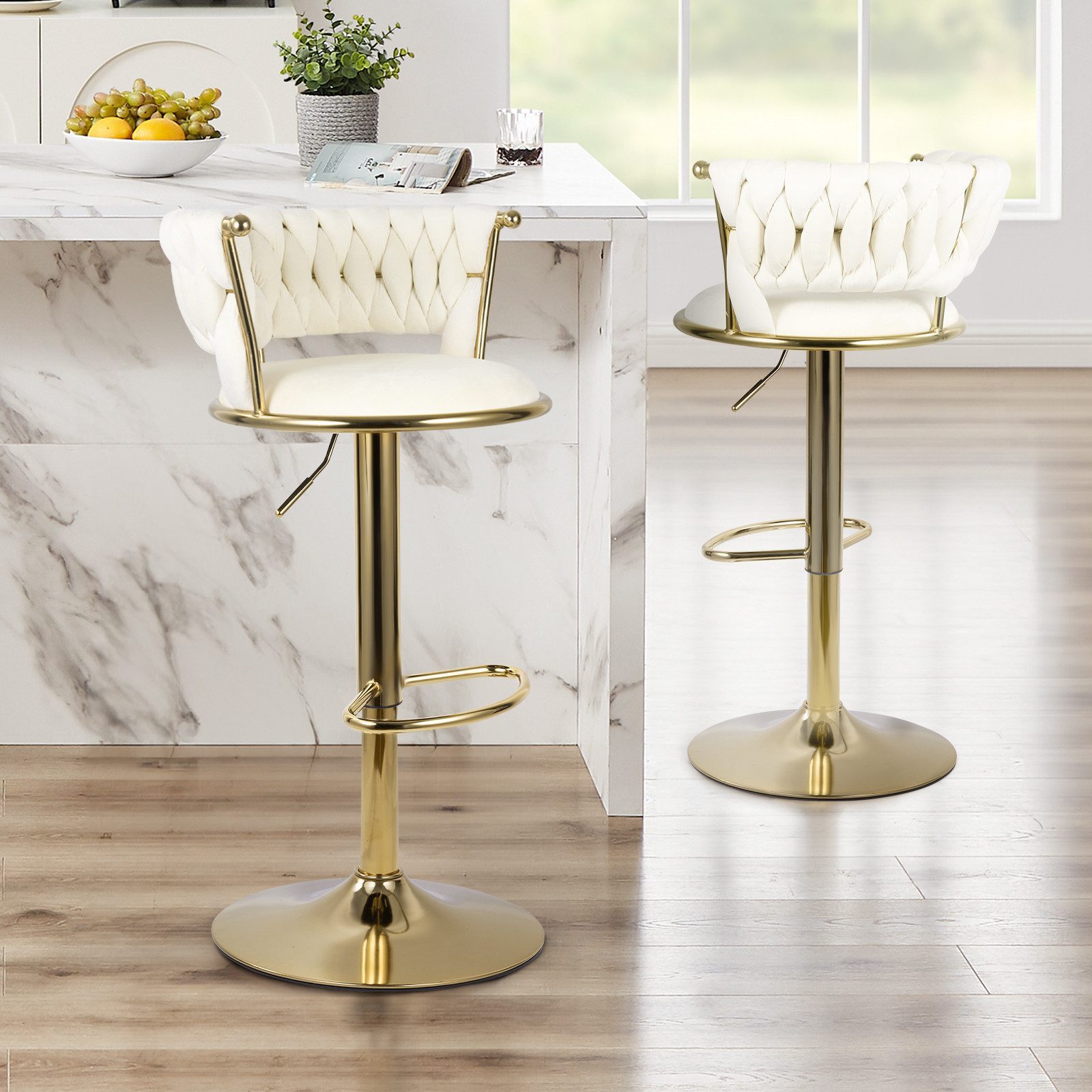 HawthyHome Barhocker Barstuhl mit Rückenlehne und Fußstütze höhenverstellbar drehbar (2 St), mit goldener Metallbasis, Beige