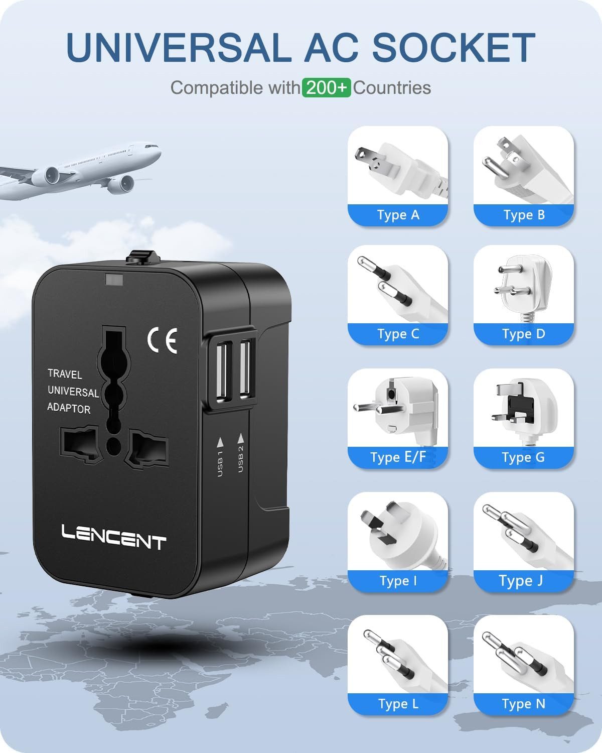 LENCENT Universal Reisestecker für Weltweit 200 Länder - Universalstecker Reiseadapter Standard-USB, USB Typ A zu Stomanschluss bis zu 200 Verschiedenen Ländern, US Plug(Typ A), UK Plug (Typ G), EU Plug (Typ C), AUS Plug (Typ I), USB-Ladestation, Travel Adapter, Reisestecker international, Reiseadapter mit USB-Anschlüssen, All-in-One Reiseadapter, Multifunktionaler Reiseadapter, Kompakter Reiseadapter, Reiseadapter für Smartphone, Reiseadapter mit Überspannungsschutz, Reiseadapter für Geschäftsreisen, Büro, Reise, Urlaub, International, USB Ladegerät, Smartphone Ladegerät, Android Ladegerät, iPhone Ladegerät, Apple Ladegerät, Samsung Ladegerät, USA, Kanada, China, Japan, EU, weltweite Kompatibilität, Handy Ladeadapter mit 2 USB Ports
